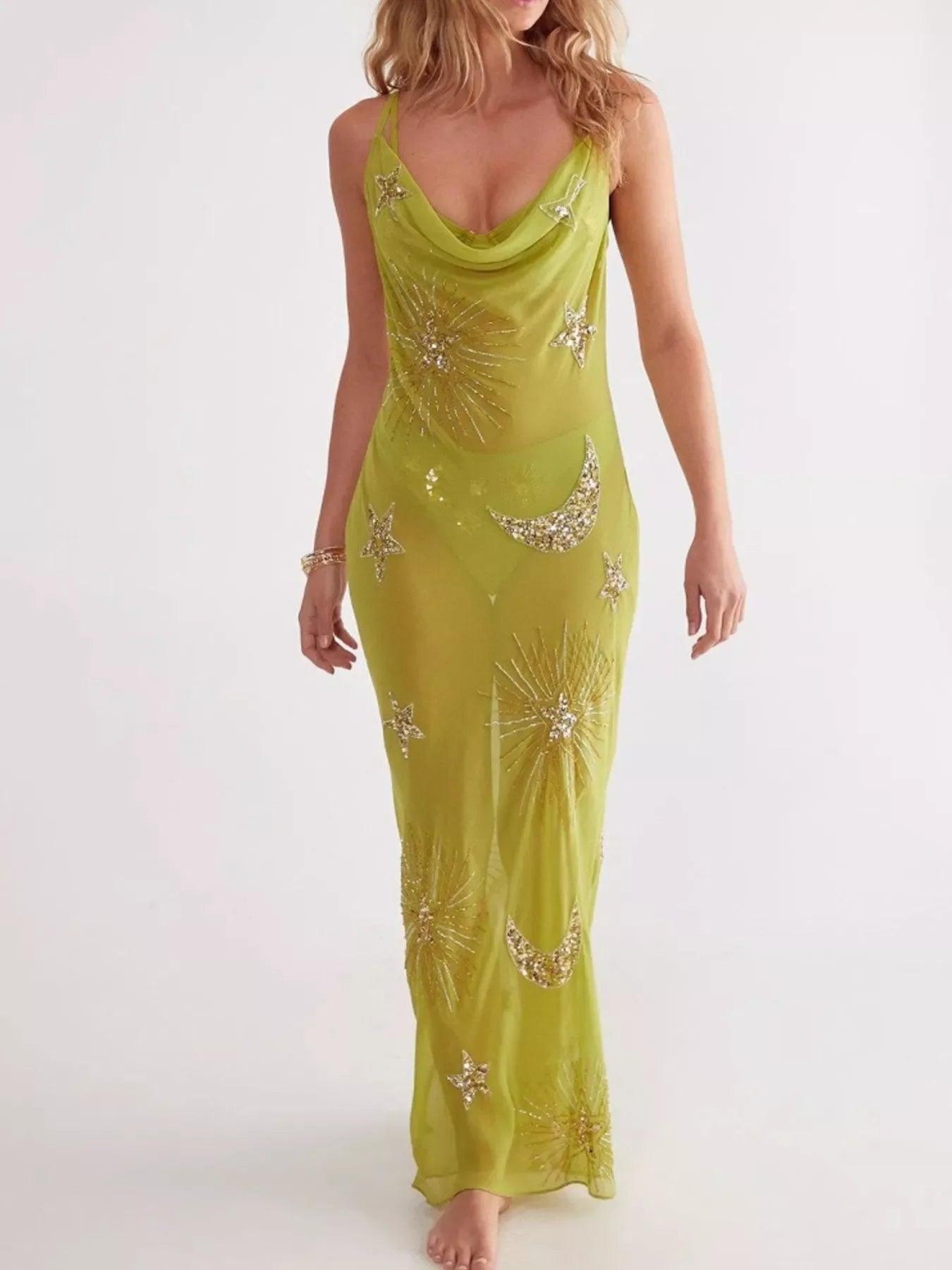 Sequin Backless Maxi Cover Up Dress With Star Detailing - Southern Shores Clothing