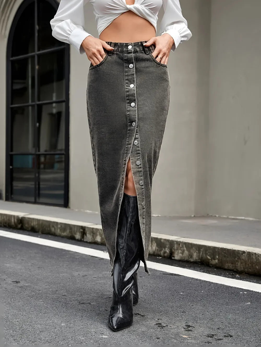 Classic High Rise Button Up Denim Skirt Everyday - Southern Shores Clothing