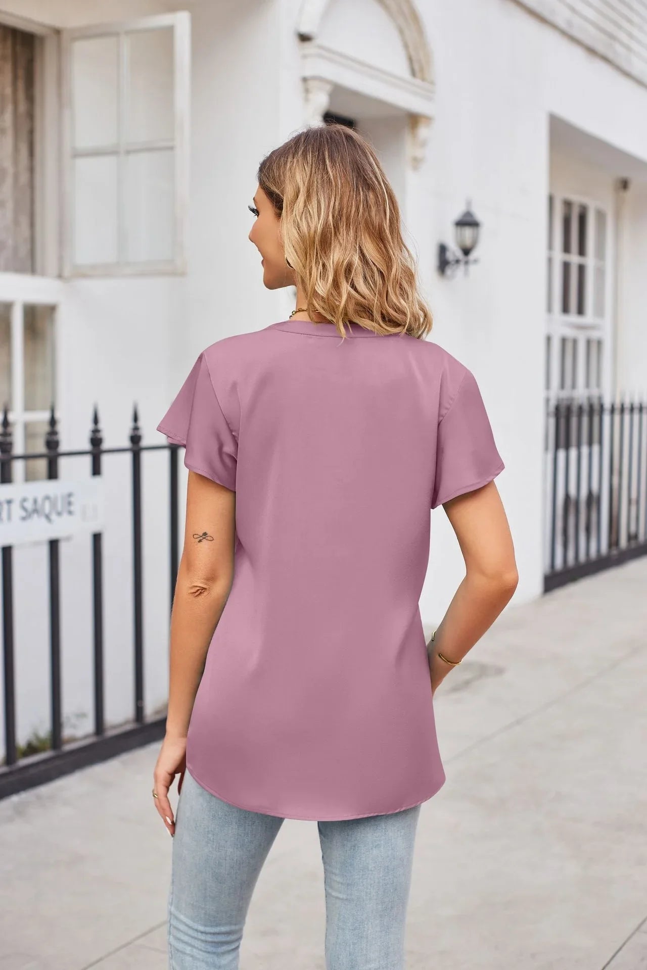 V Neck Flutter Sleeve Satin Top Solid Casual - Southern Shores Clothing
