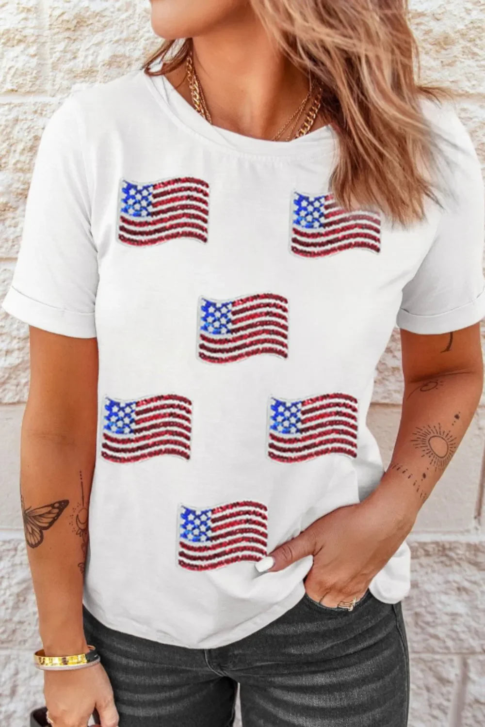 Sequined American Flag Patch Casual T Shirt - Southern Shores Clothing