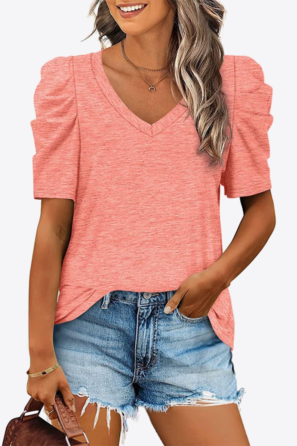 V-Neck Puff Sleeve Tee With Stretchy Fabric - Southern Shores Clothing