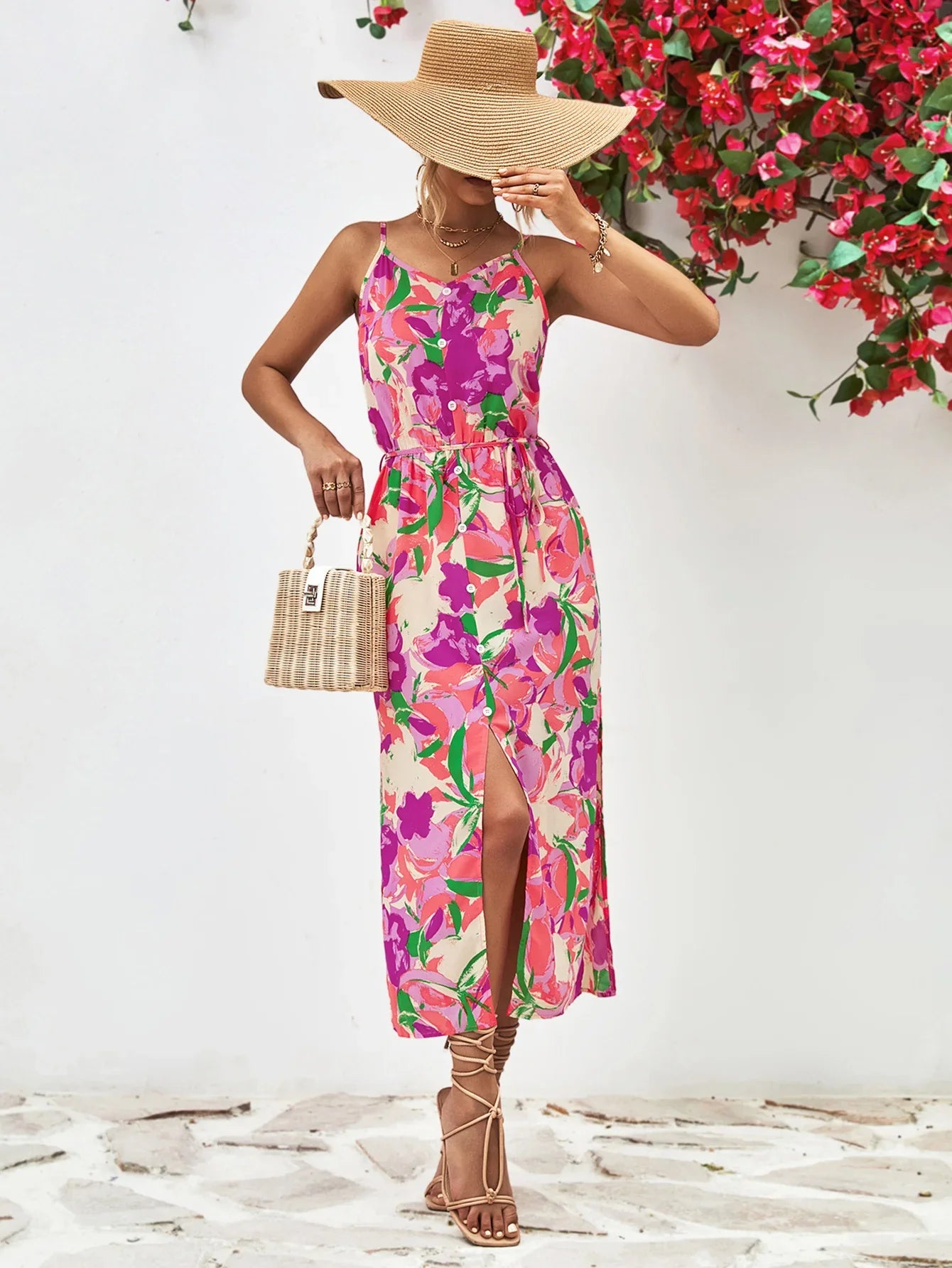 Printed Spaghetti Strap Front Slit Dress - Southern Shores Clothing
