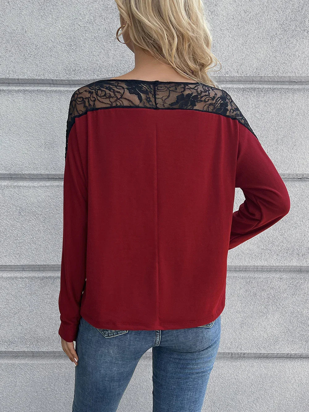 Lace Long Sleeve Round Neck Two Tone T Shirt - Southern Shores Clothing