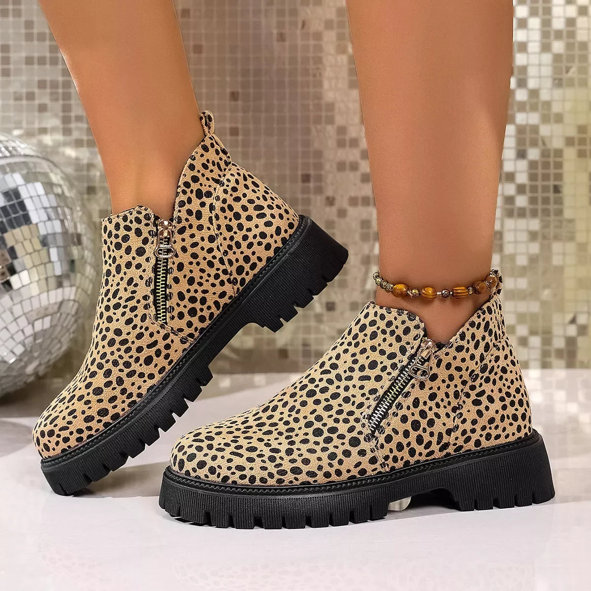 Leopard Platform Boots With Side Zip Mid Heel - Southern Shores Clothing