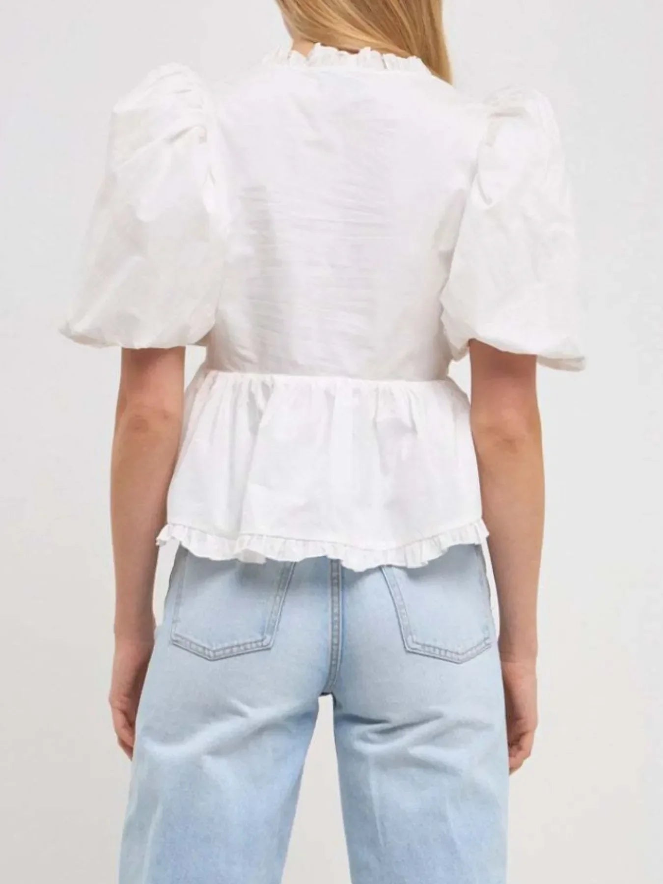 Stylish Southern Shores Clothing Puff Sleeve Peplum Blouse With Ruffles In 100% Polyester Fabric - Southern Shores Clothing