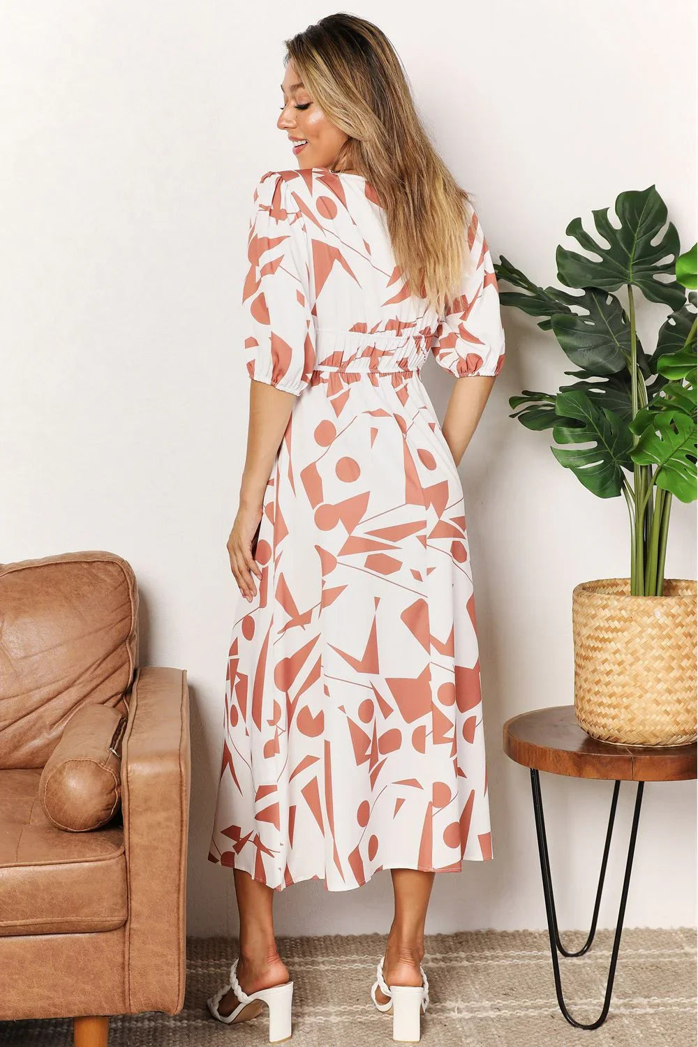 Printed Surplice Balloon Sleeve Dress Silhouette - Southern Shores Clothing