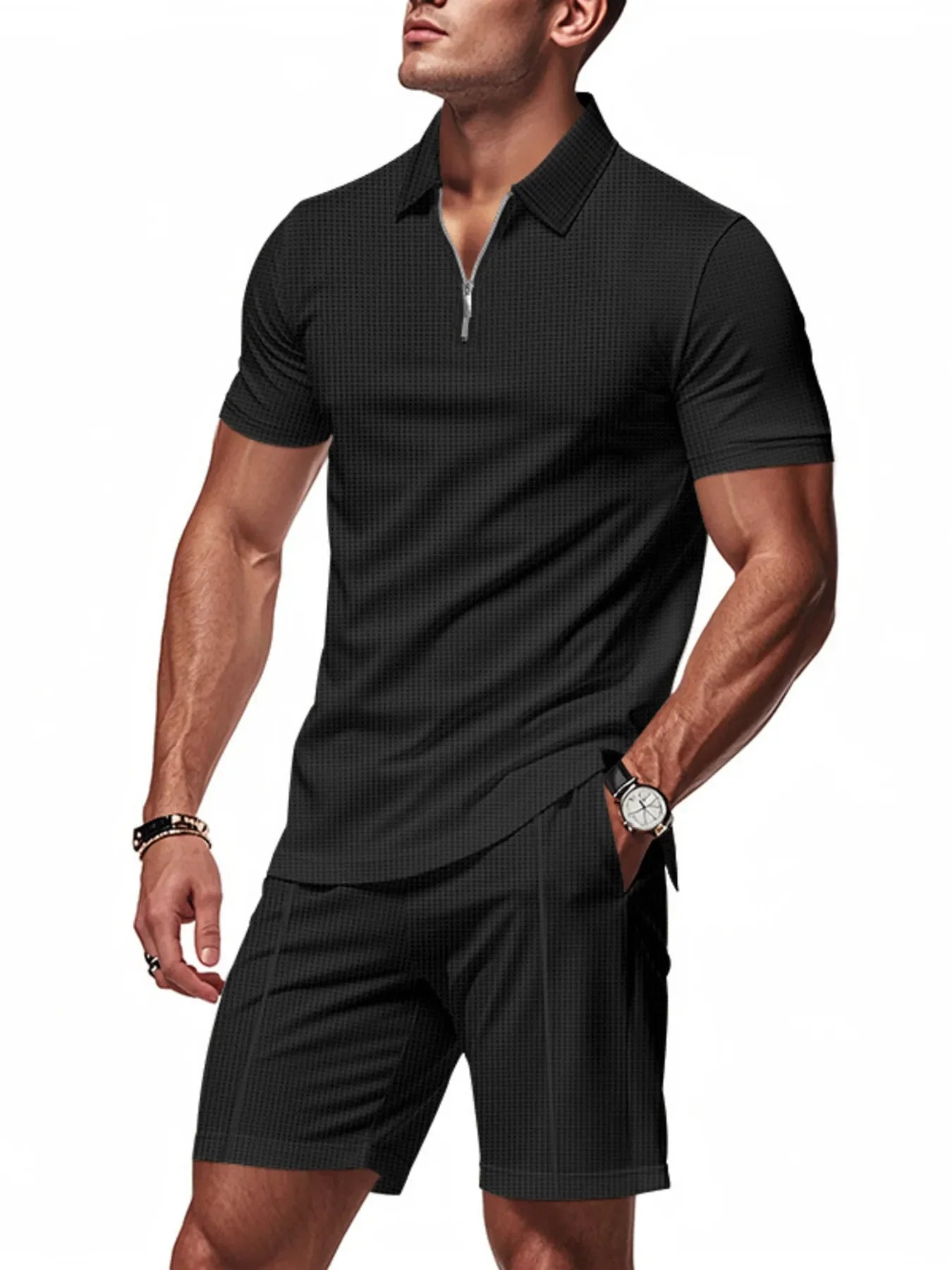 Men's Plus Size Quarter Zip Short Sleeve Top and Shorts Set - Southern Shores Clothing