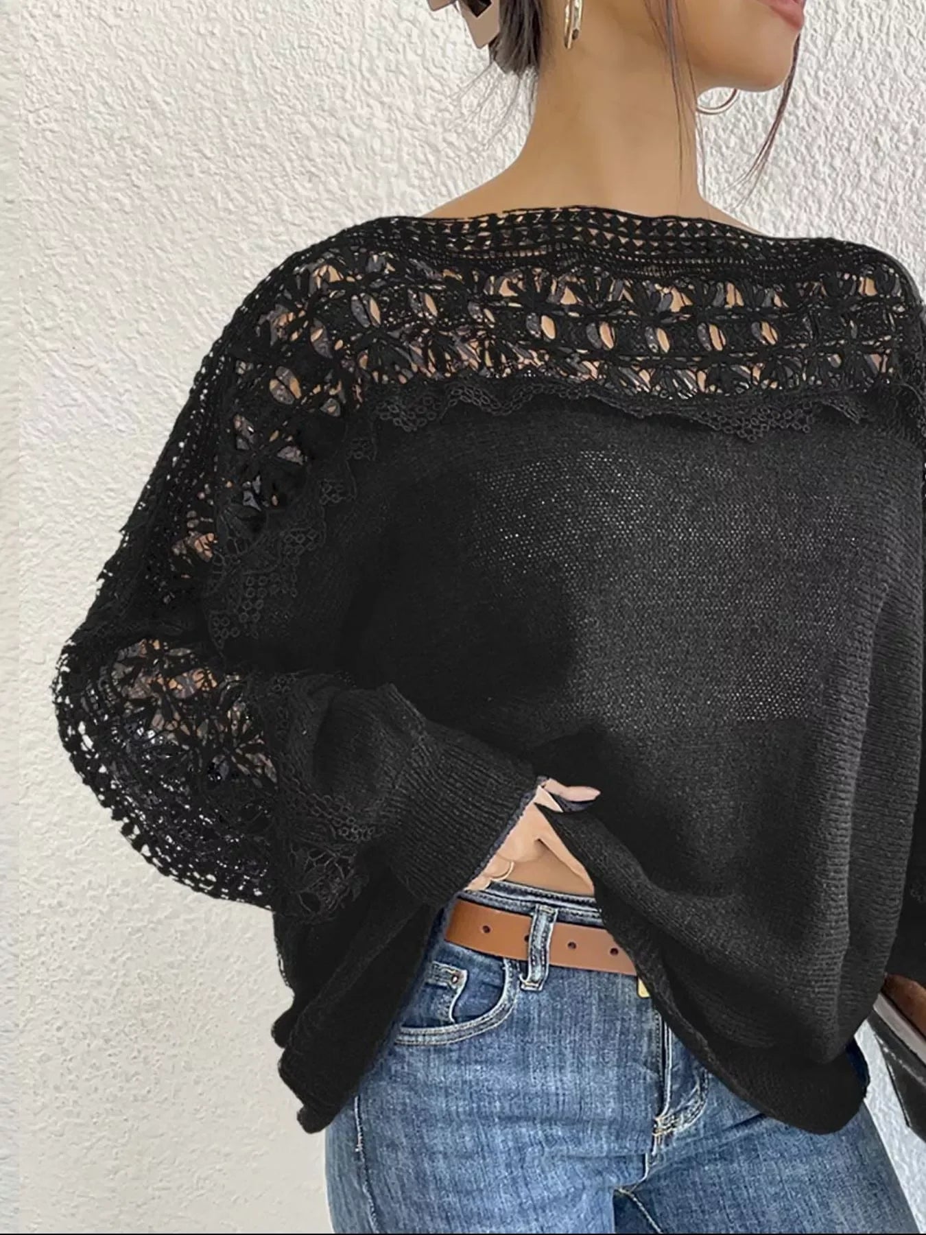 Crochet Lace Yoke Long Sleeve Knit Slim Fit Casual Sweater - Southern Shores Clothing