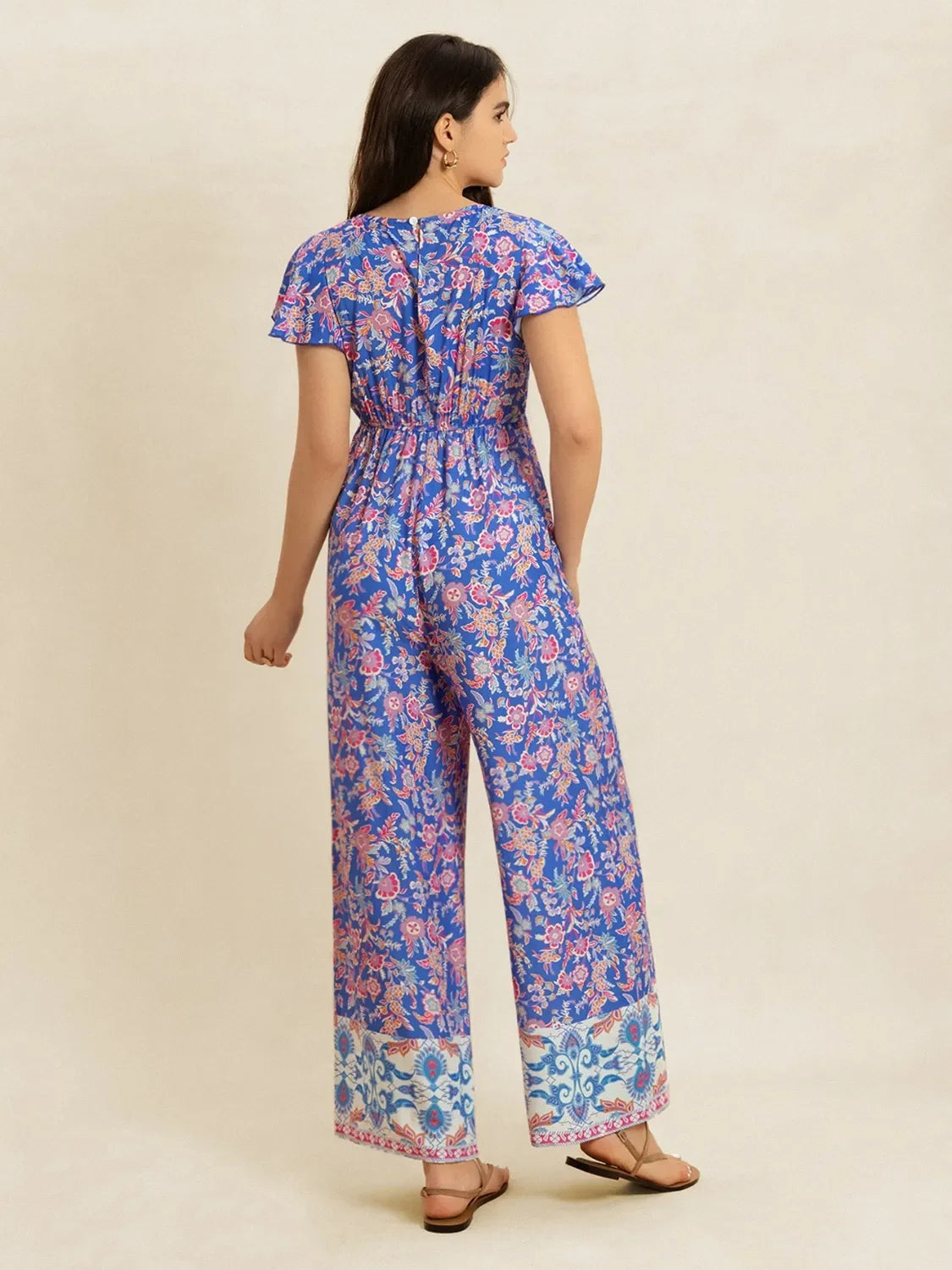 Printed V-Neck Flutter Sleeve Wide Leg Jumpsuit Elastic Waist - Southern Shores Clothing