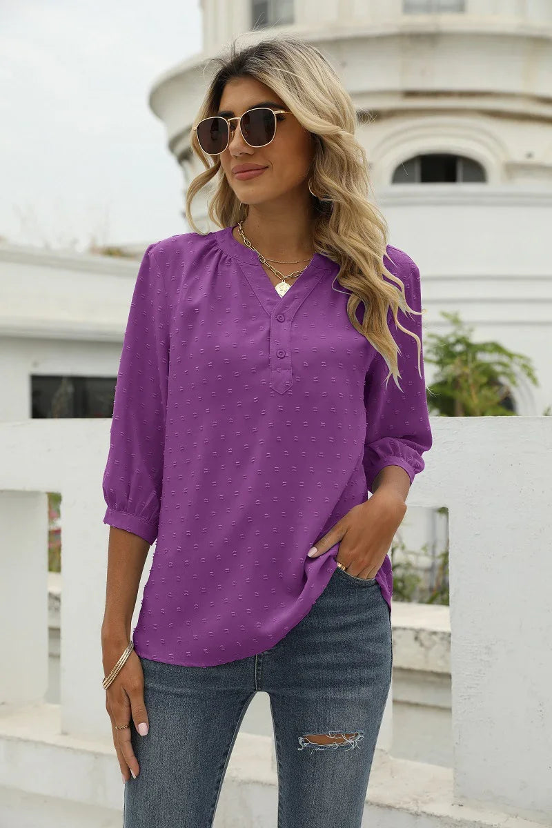 Swiss Dot Notched Neck Three-Quarter Sleeve Blouse - Southern Shores Clothing