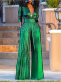 Deep V-Neck Wide-Leg Jumpsuit With Pockets - Southern Shores Clothing