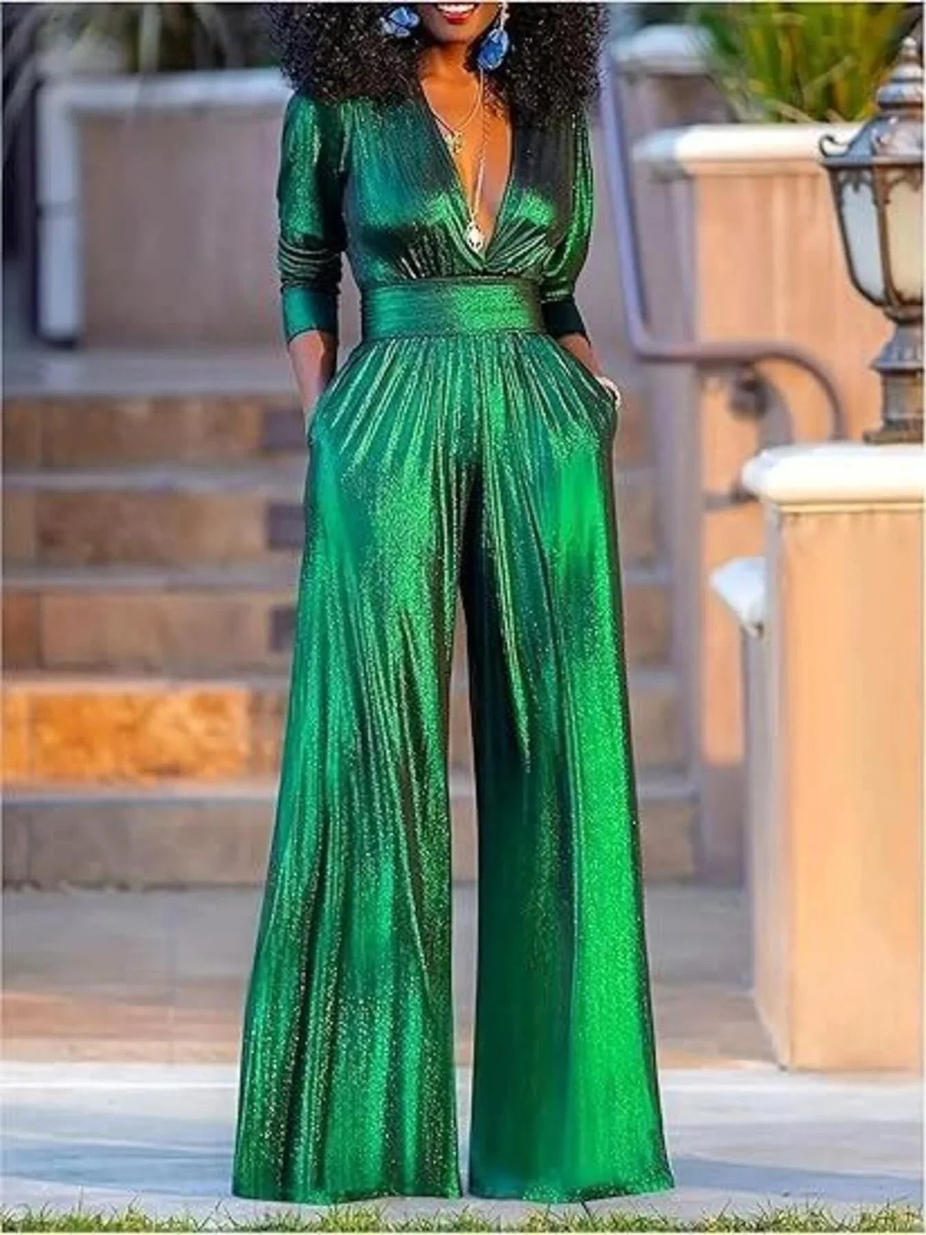 Deep V-Neck Wide-Leg Jumpsuit With Pockets - Southern Shores Clothing
