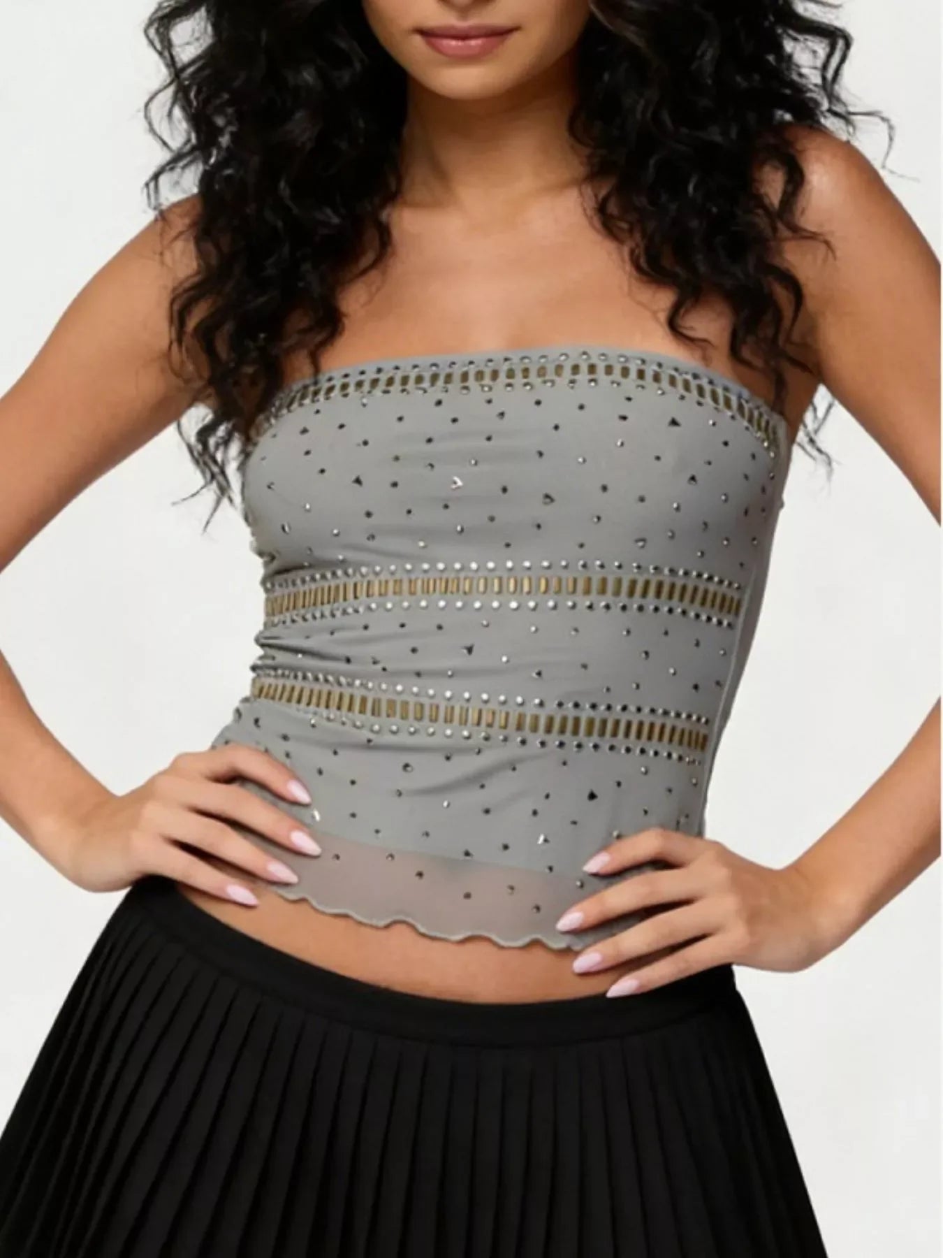 Rhinestone Embellished Tube Top Strapless Tank With Studs - Southern Shores Clothing
