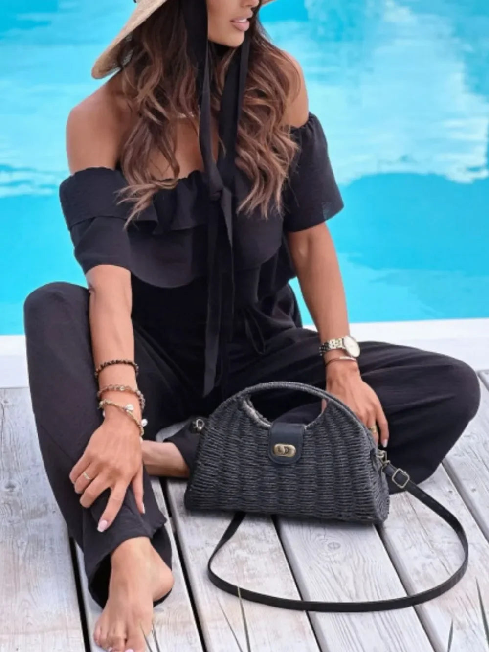Ruffled Off-Shoulder Wide-Leg Jumpsuit Silhouette - Southern Shores Clothing