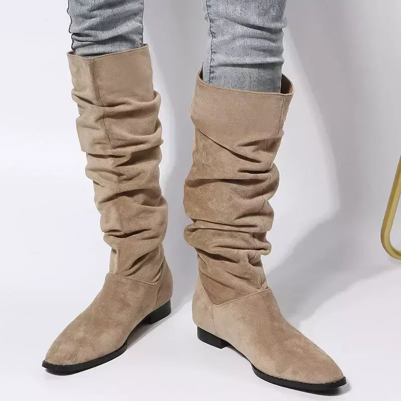 Slouchy Knee High Boots Suede Low Heel Casual Comfort - Southern Shores Clothing