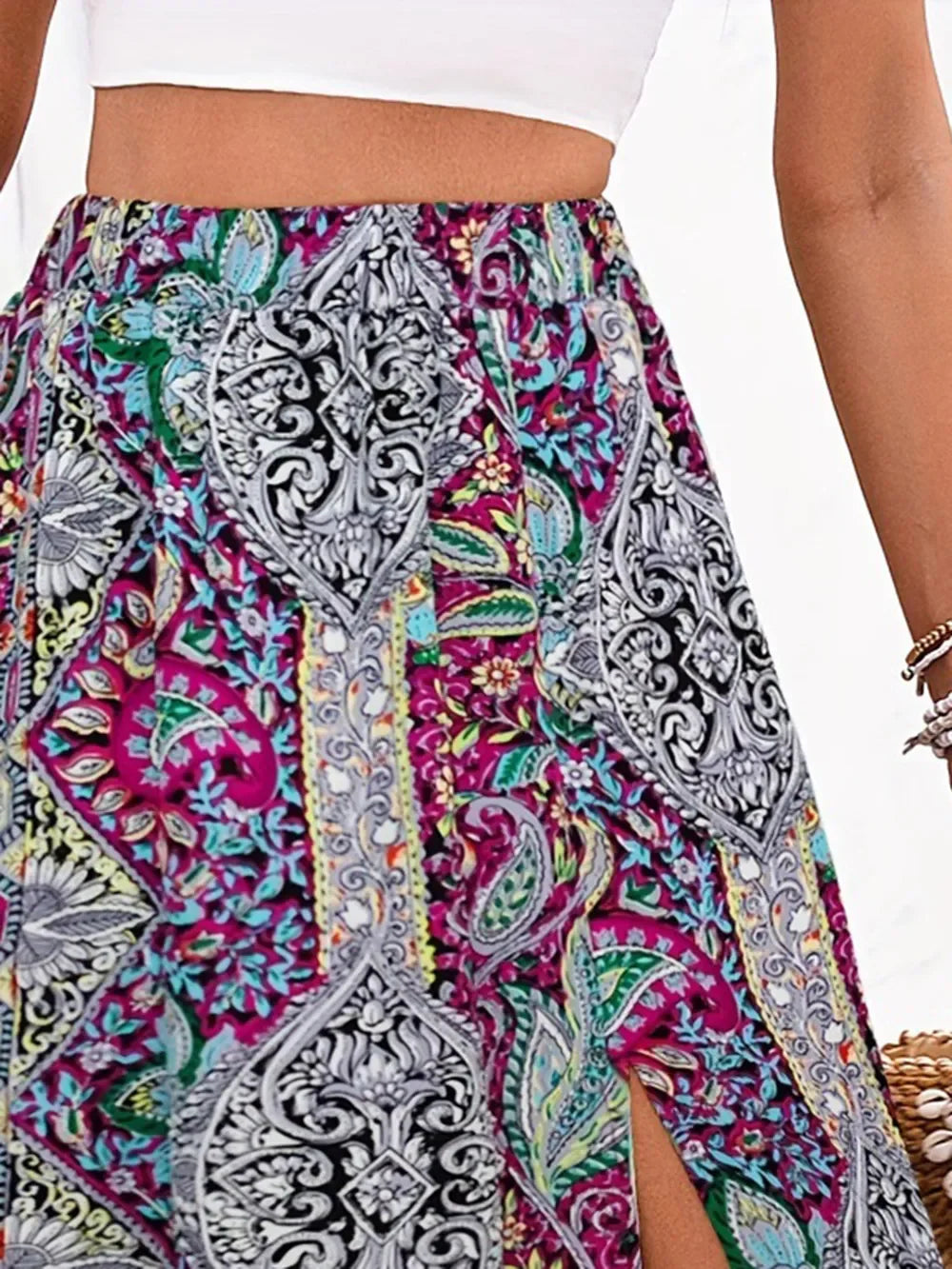 Printed Elastic Waist Slit Skirt Lightweight - Southern Shores Clothing