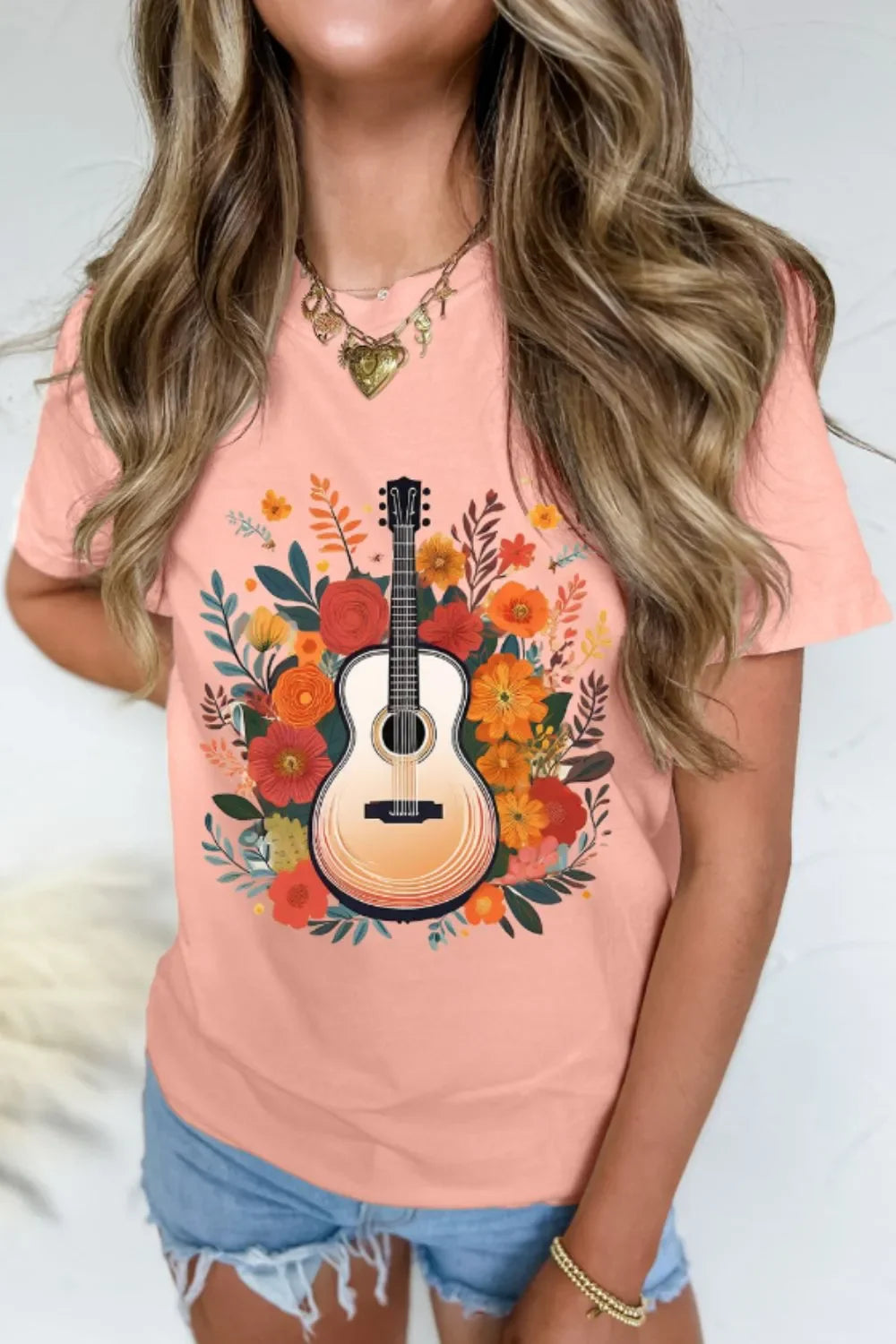 Guitar Flower Print Crew Neck T Shirt Loose Fit - Southern Shores Clothing