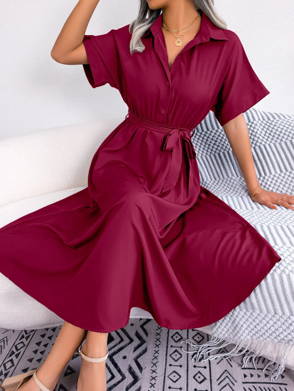 Short Sleeve Collared Tie Belt Dress - Southern Shores Clothing