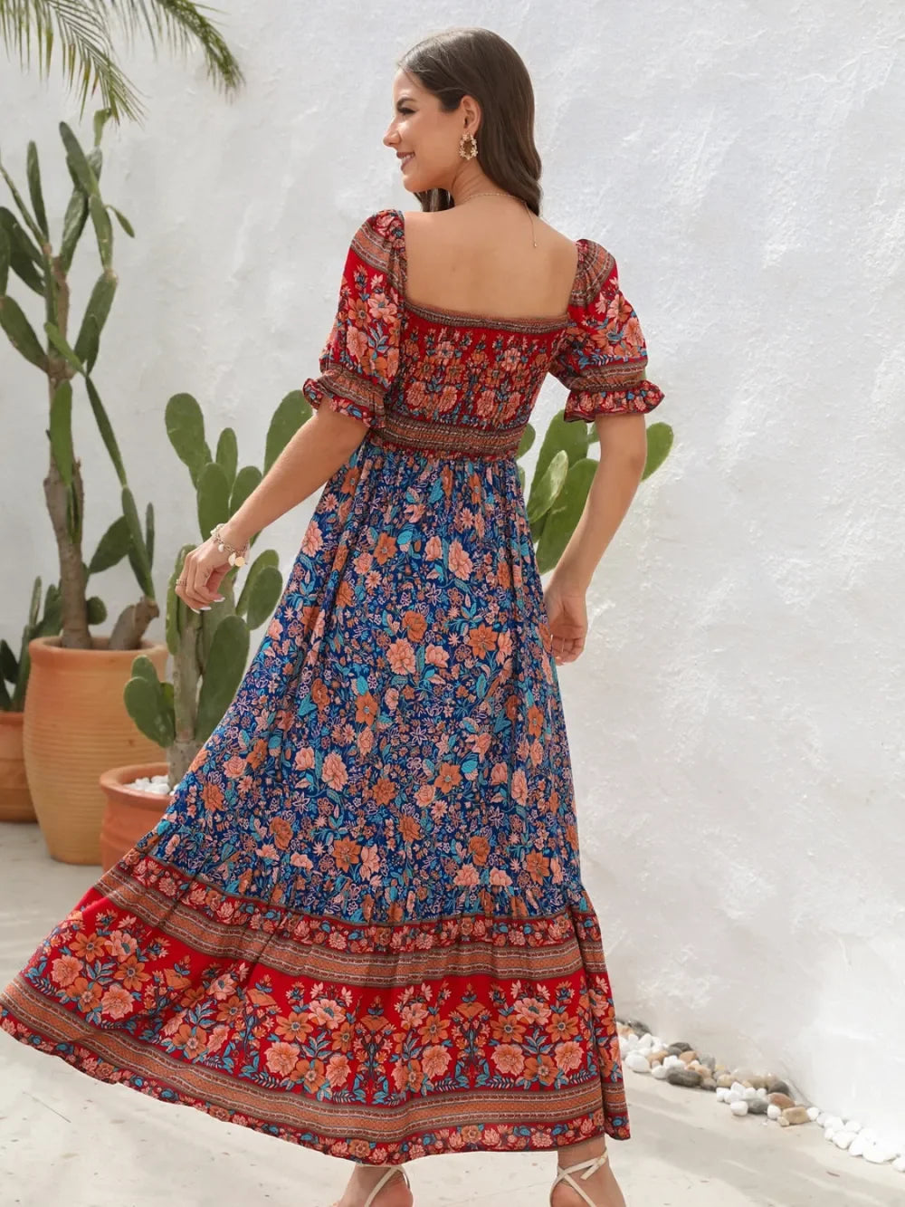 Floral Flounce Sleeve Midi Dress Rayon Off Shoulder Boho - Southern Shores Clothing