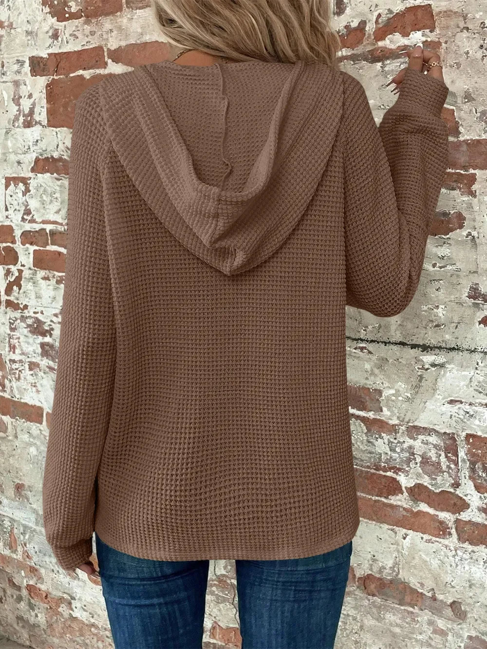 Waffle Knit Long Sleeve Drawstring Hooded Top - Southern Shores Clothing