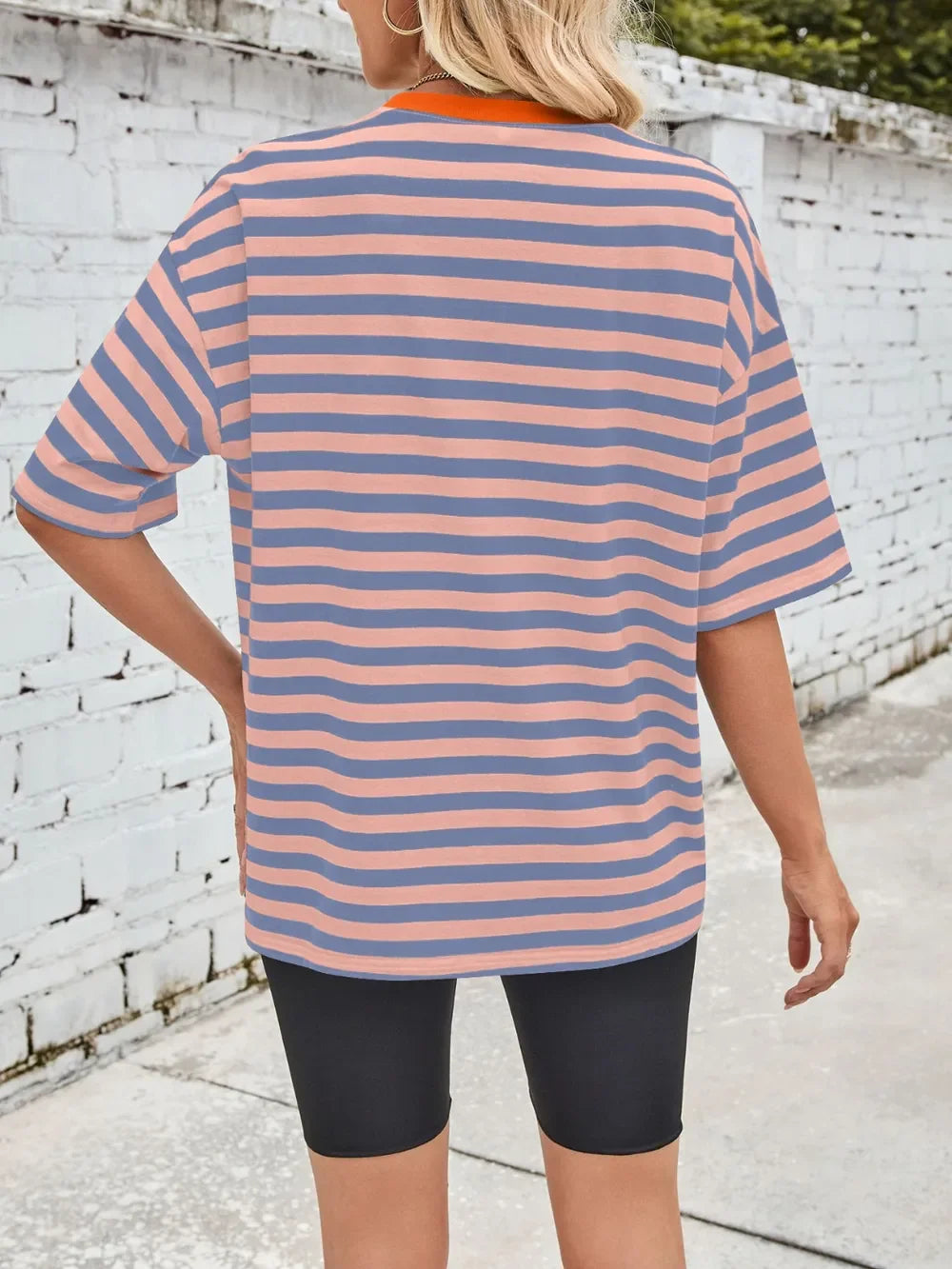 Striped Round Neck Half Sleeve Stretchy T Shirt - Southern Shores Clothing
