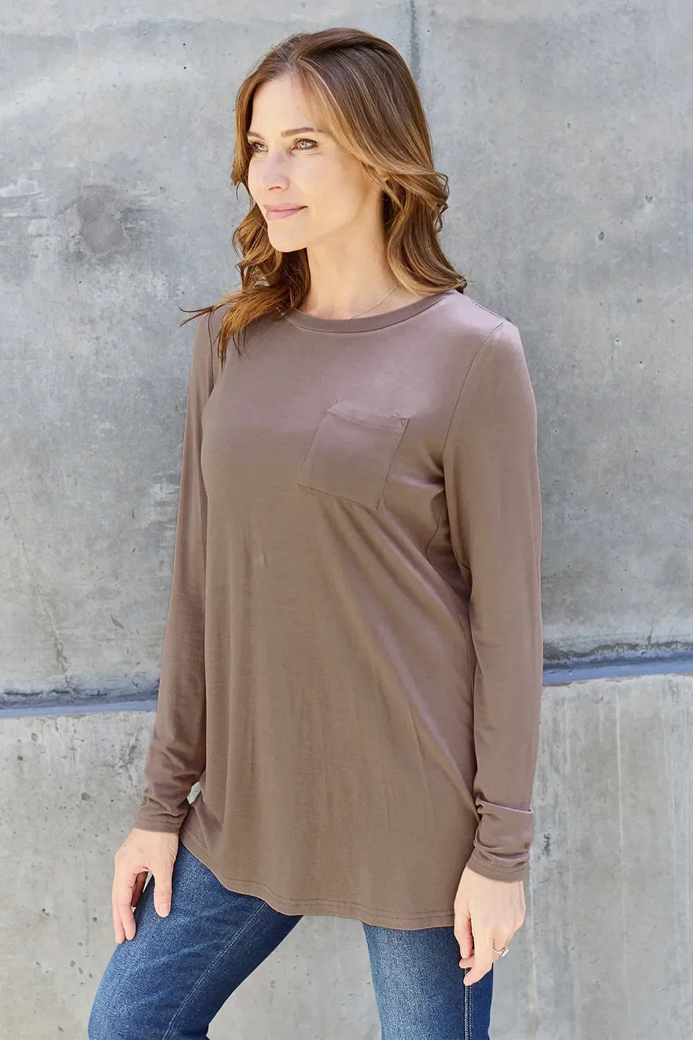 Round Neck Long Sleeve Top With Pockets Classic - Southern Shores Clothing