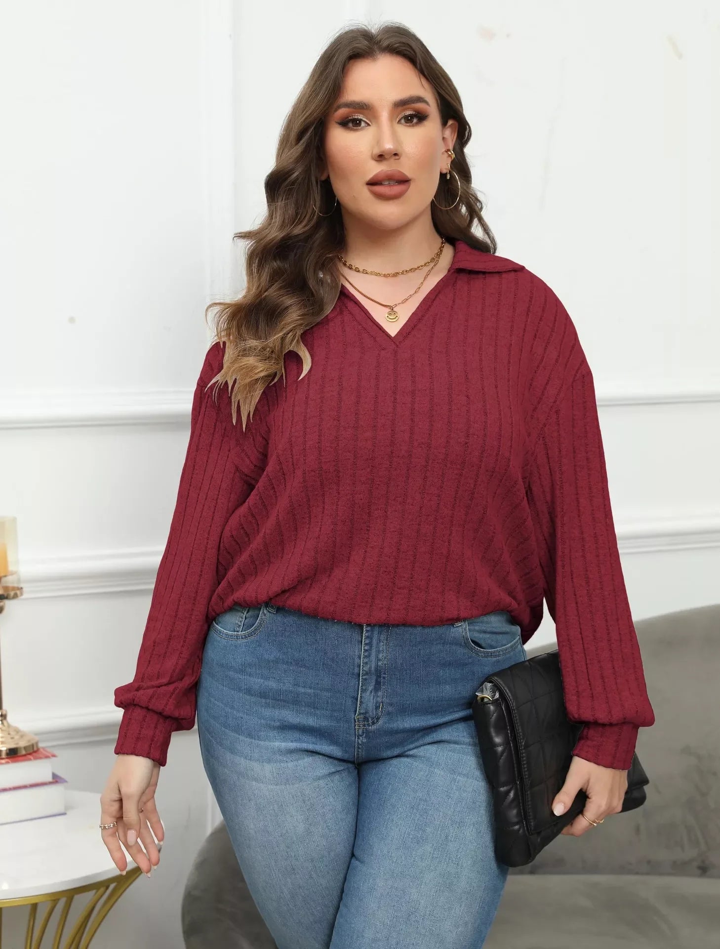 Plus Size Ribbed Knit Polo Collar T Shirt - Southern Shores Clothing