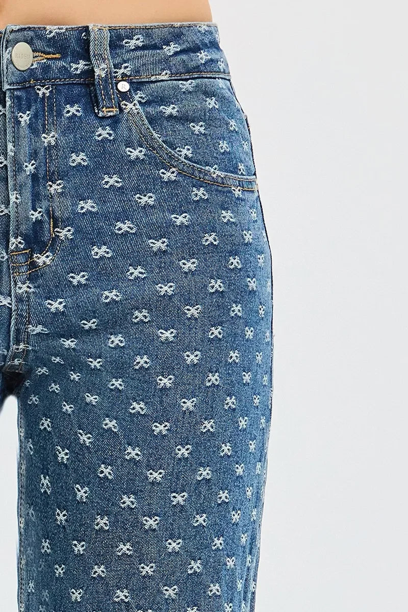 High Rise Wide Leg Bow Embroidered Denim Jeans - Southern Shores Clothing