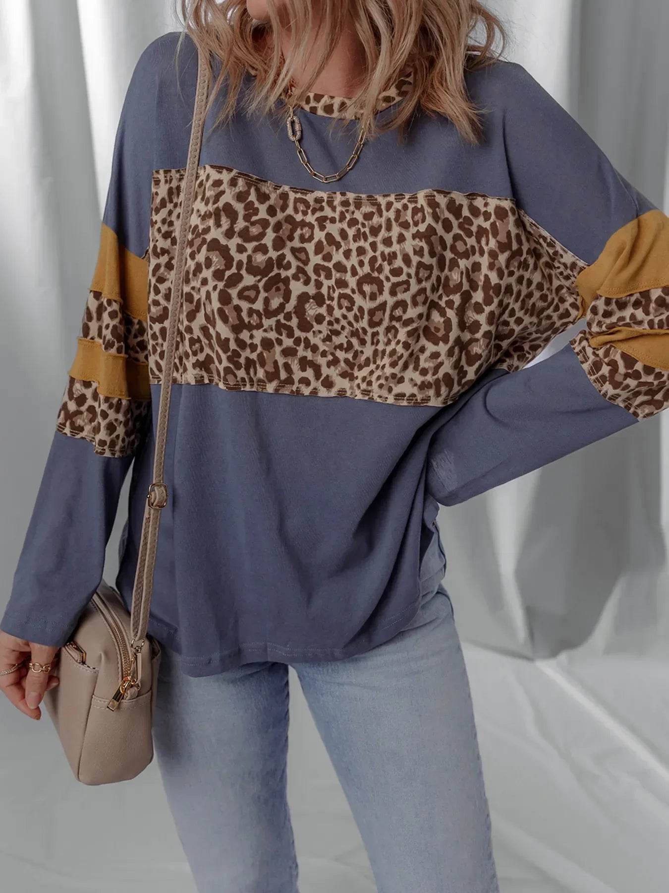 Leopard Color Block Cotton Long Sleeve Drop Shoulder Top - Southern Shores Clothing