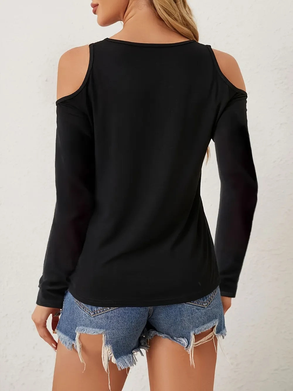 V Neck Cold Shoulder Long Sleeve Tee With Lace Detail - Southern Shores Clothing