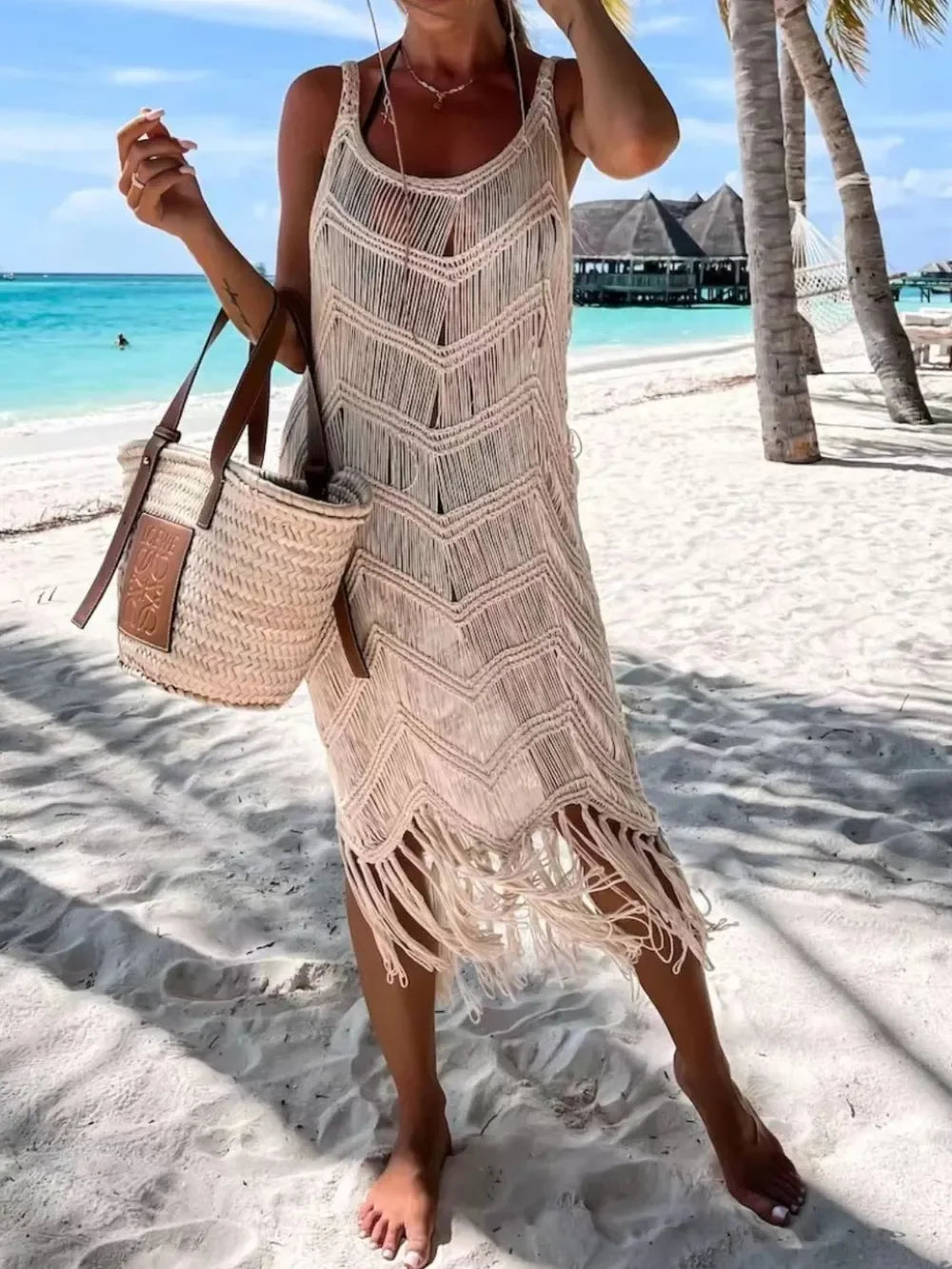 Sheer Fringe Stretchy Scoop Neck Swim Cover Up - Southern Shores Clothing