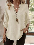 Casual Buttoned Pocketed Roll-Up Sleeve Notched Blouse - Southern Shores Clothing