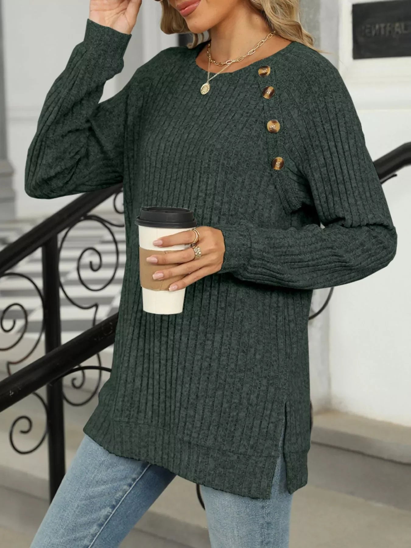 Round Neck Side Slit Ribbed Knit Top with Asymmetric Button Detail - Southern Shores Clothing