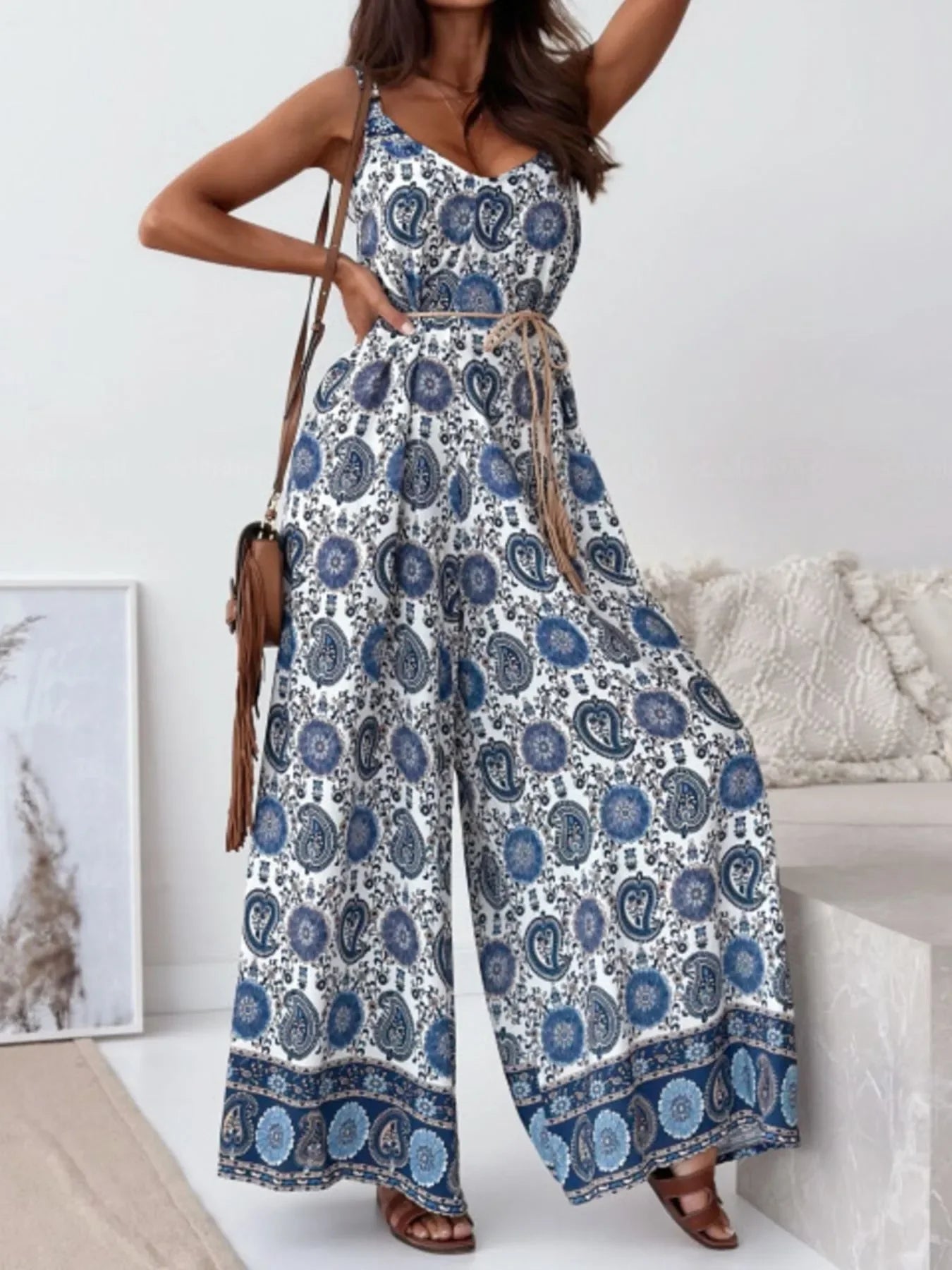 Paisley Print Spaghetti Strap Wide Leg Jumpsuit - Southern Shores Clothing
