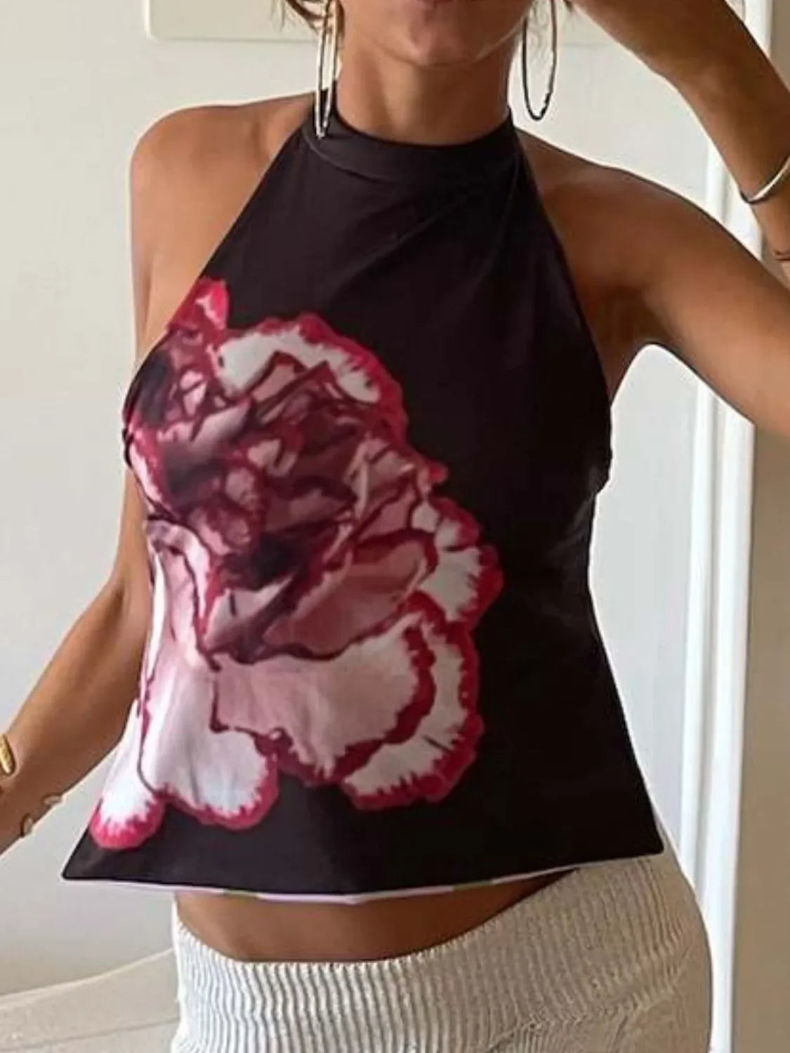 Backless Printed Halter Neck Tank Top With Slight Stretch - Southern Shores Clothing