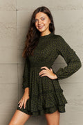 Leopard Print Smocked Waist Long Sleeve Dress - Southern Shores Clothing
