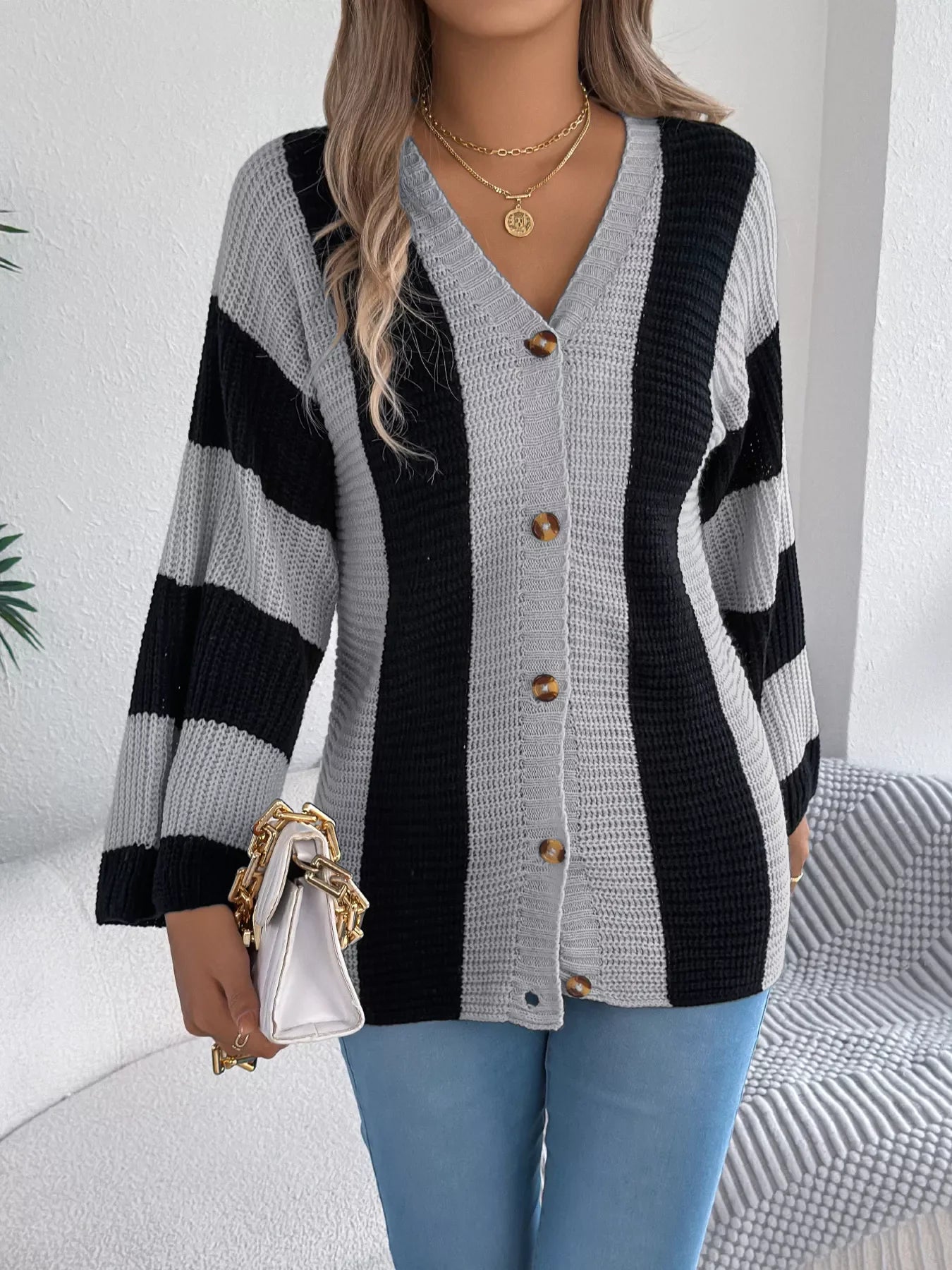 Block Pattern Button-Up Cardigan With Slight Stretch - Southern Shores Clothing