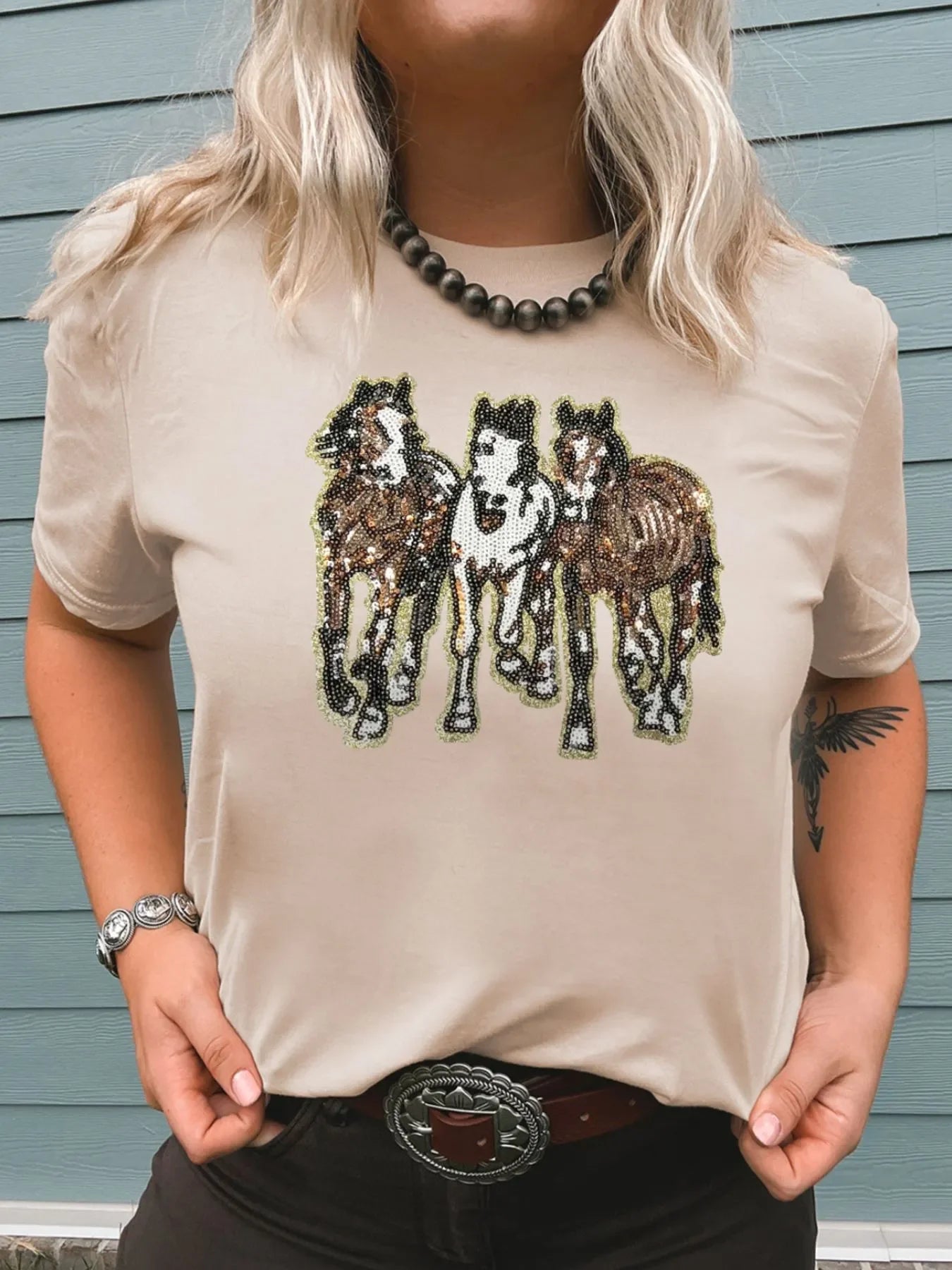 Sequin Horses Patched Casual Crewneck T Shirt With Stretch - Southern Shores Clothing