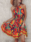 Ruffled Smocked Paisley Print Halter Neck Mini Dress Boho - Southern Shores Clothing