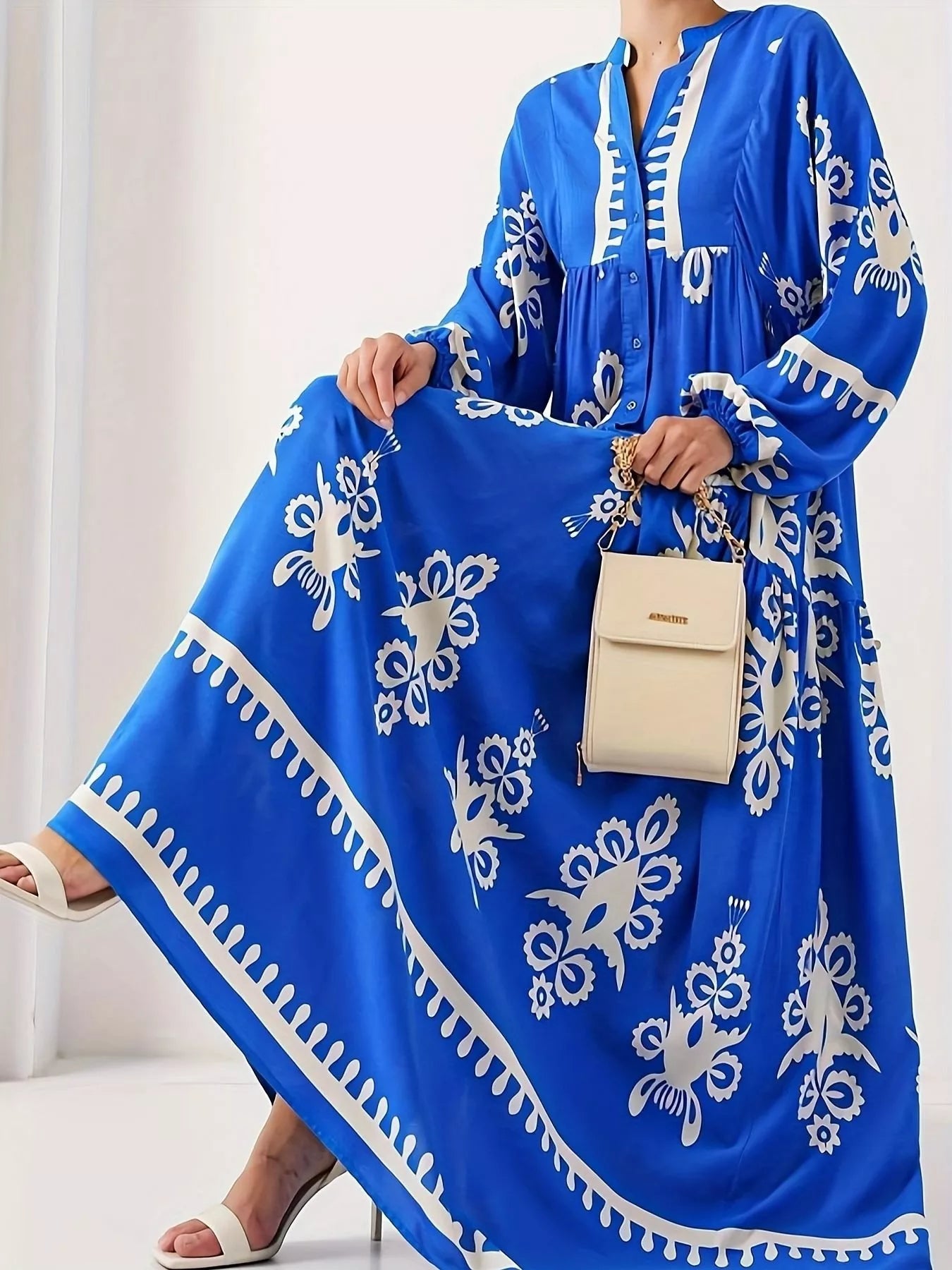 Buttoned Long Sleeve Bohemian Print Maxi Dress