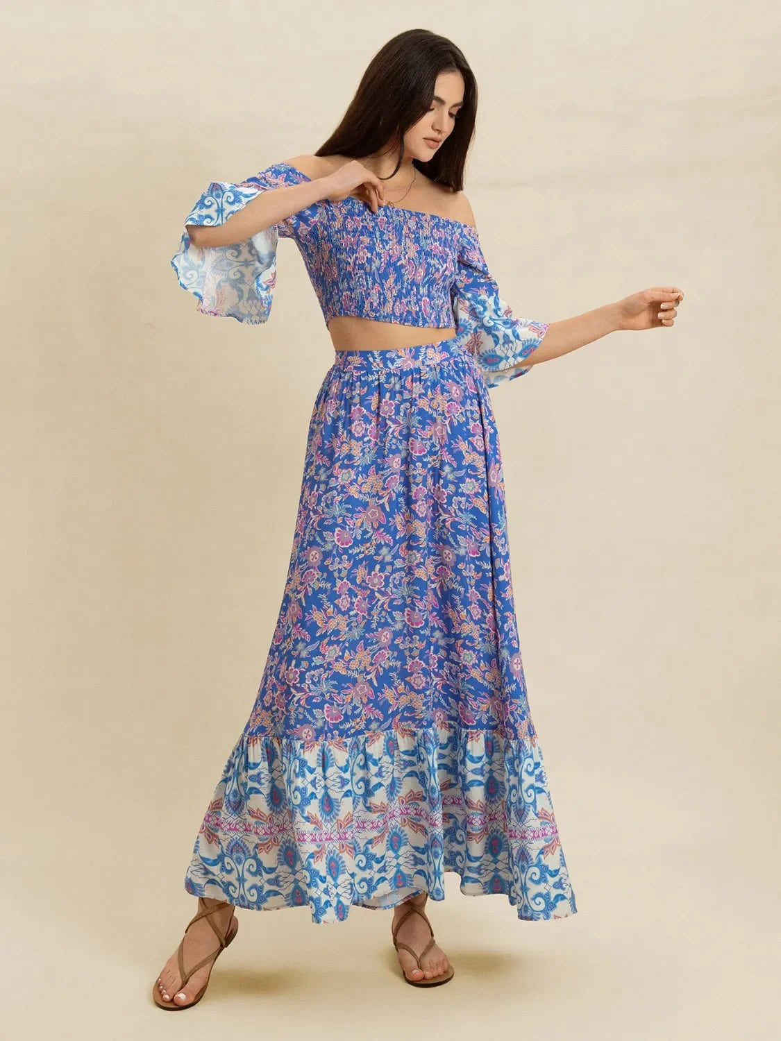 Smocked Off Shoulder Floral Top And Skirt Two Piece Set - Southern Shores Clothing