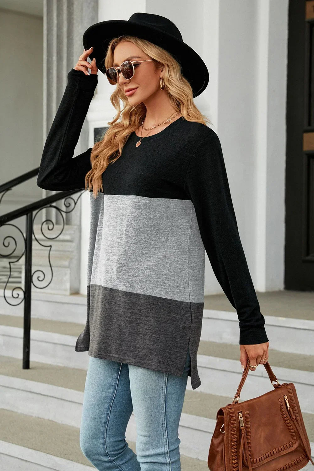 Block Pattern Round Neck Long Sleeve Slit T Shirt - Southern Shores Clothing