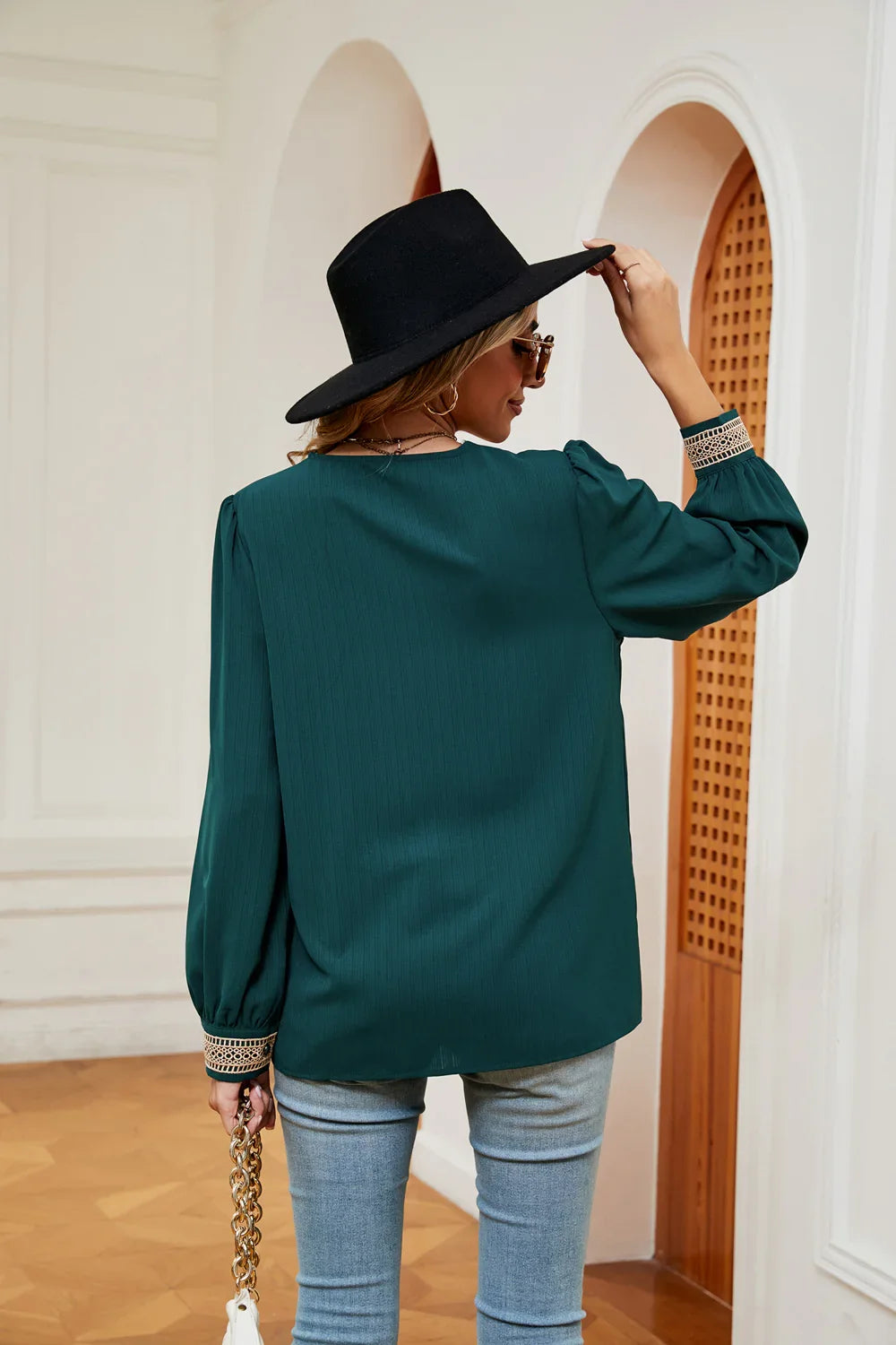 Contrast Puff Sleeve Blouse With Polyester Fabric - Southern Shores Clothing