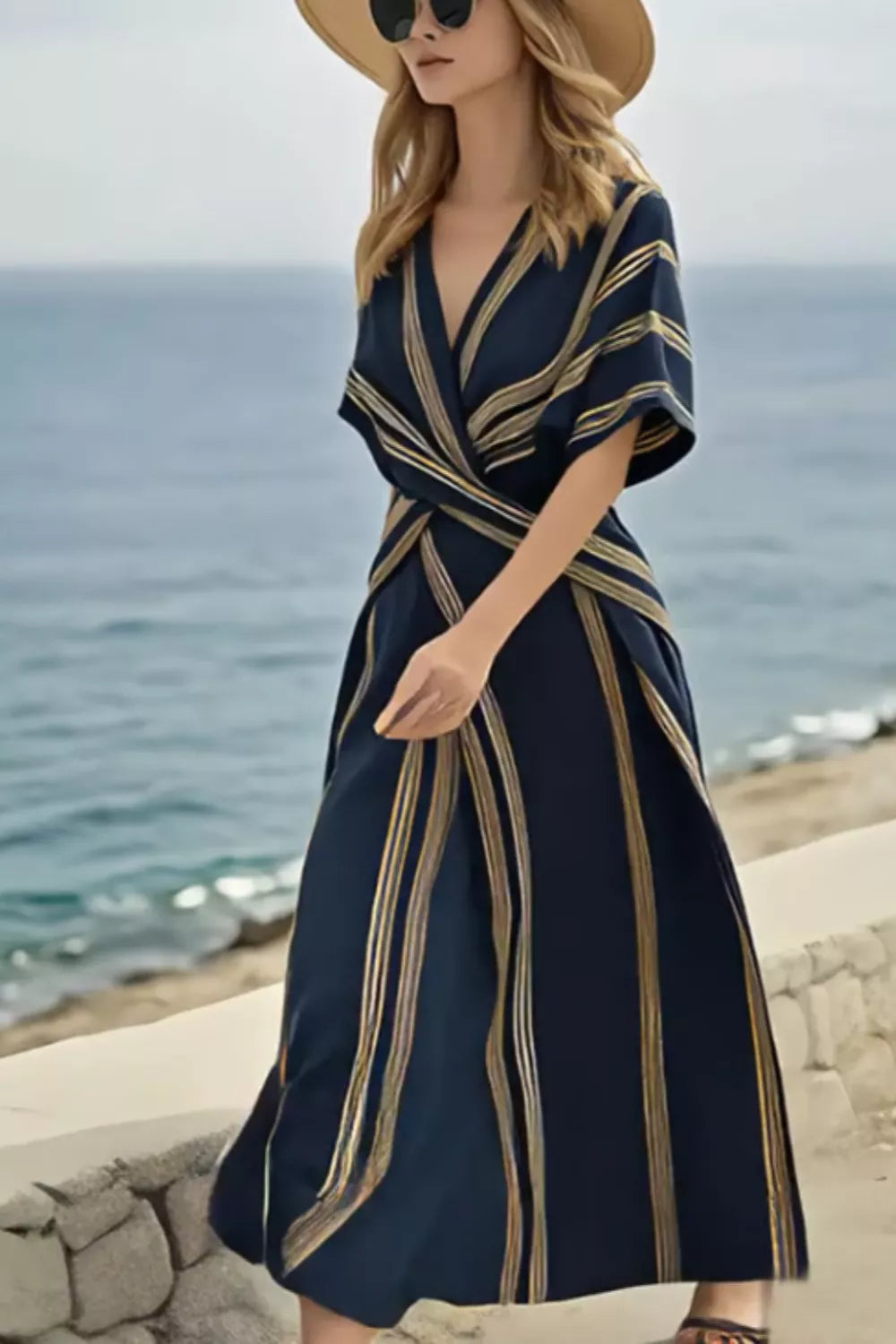 Striped Wrap Maxi Dress With Half Sleeve