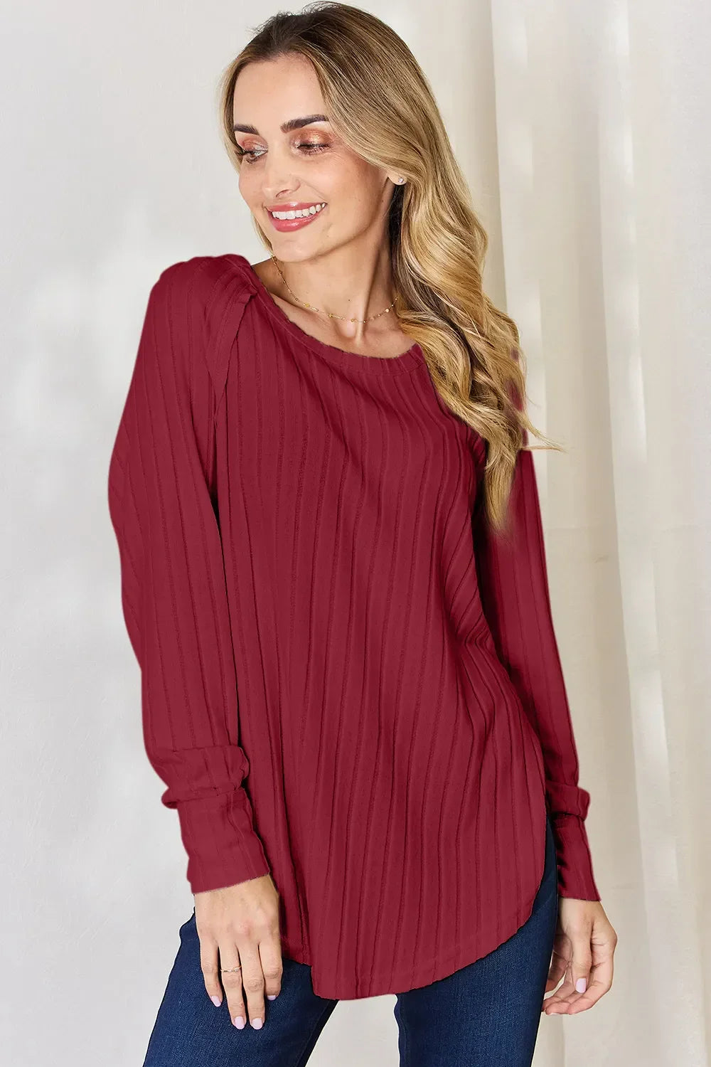 Ribbed Round Neck Slit T Shirt With Stretch - Southern Shores Clothing