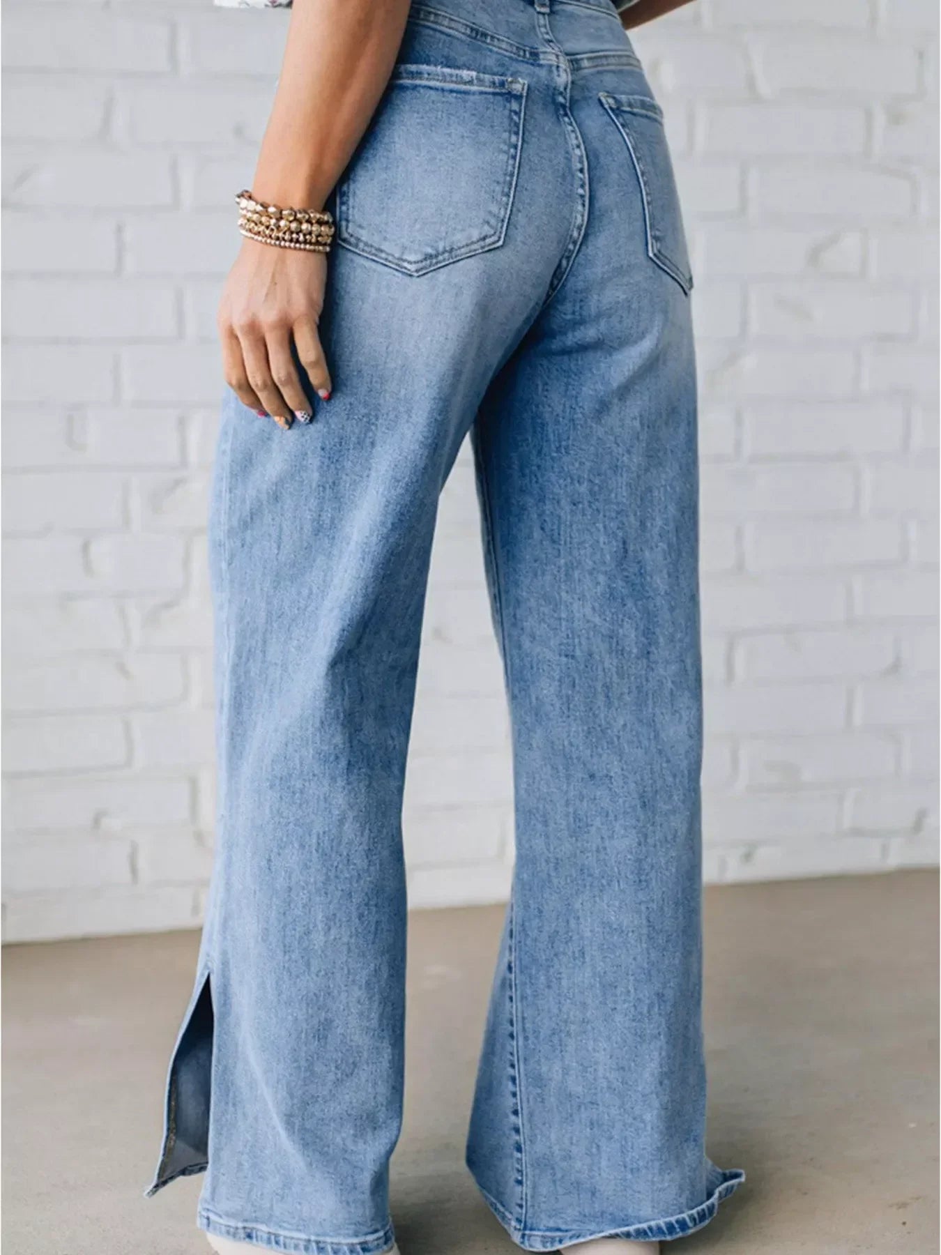 Coastal Wide Leg Slit Denim Jeans With Adjustable Drawstring - Southern Shores Clothing