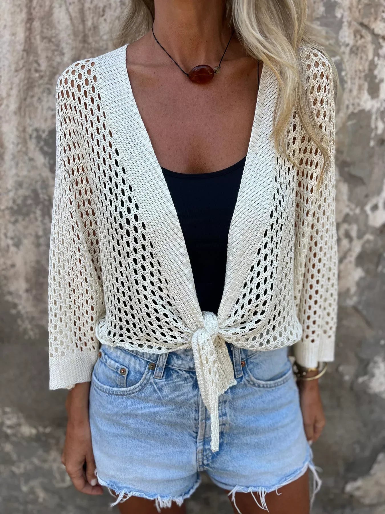 Tie-Front Crochet Knit Cover Up With Openwork Detailing - Southern Shores Clothing