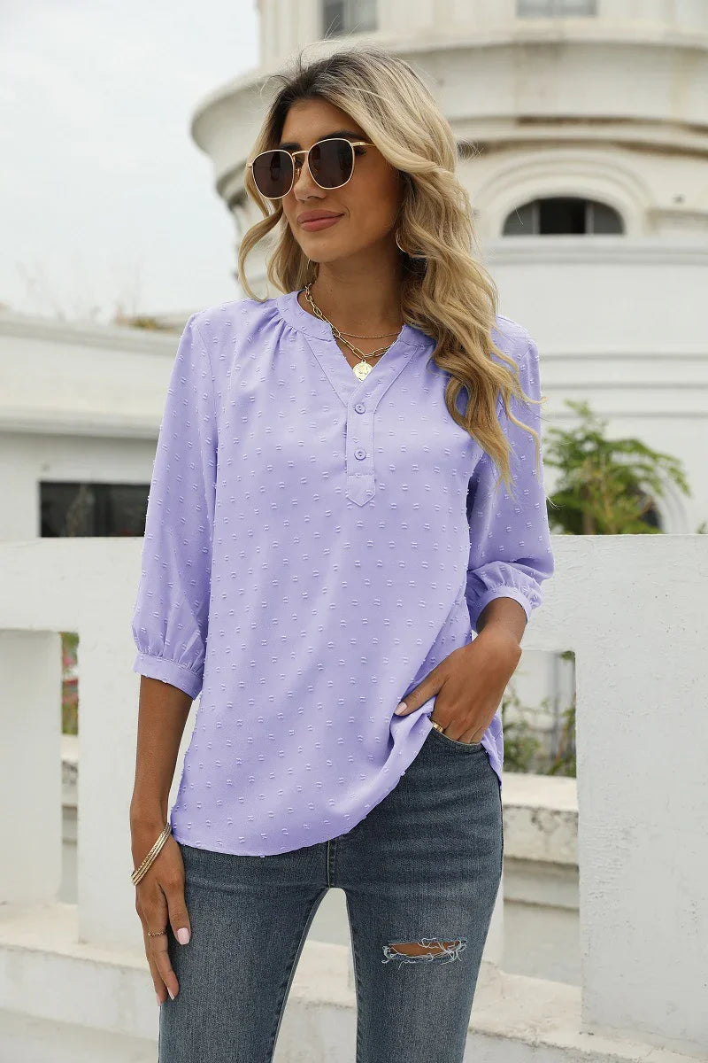 Swiss Dot Notched Neck Three-Quarter Sleeve Blouse - Southern Shores Clothing
