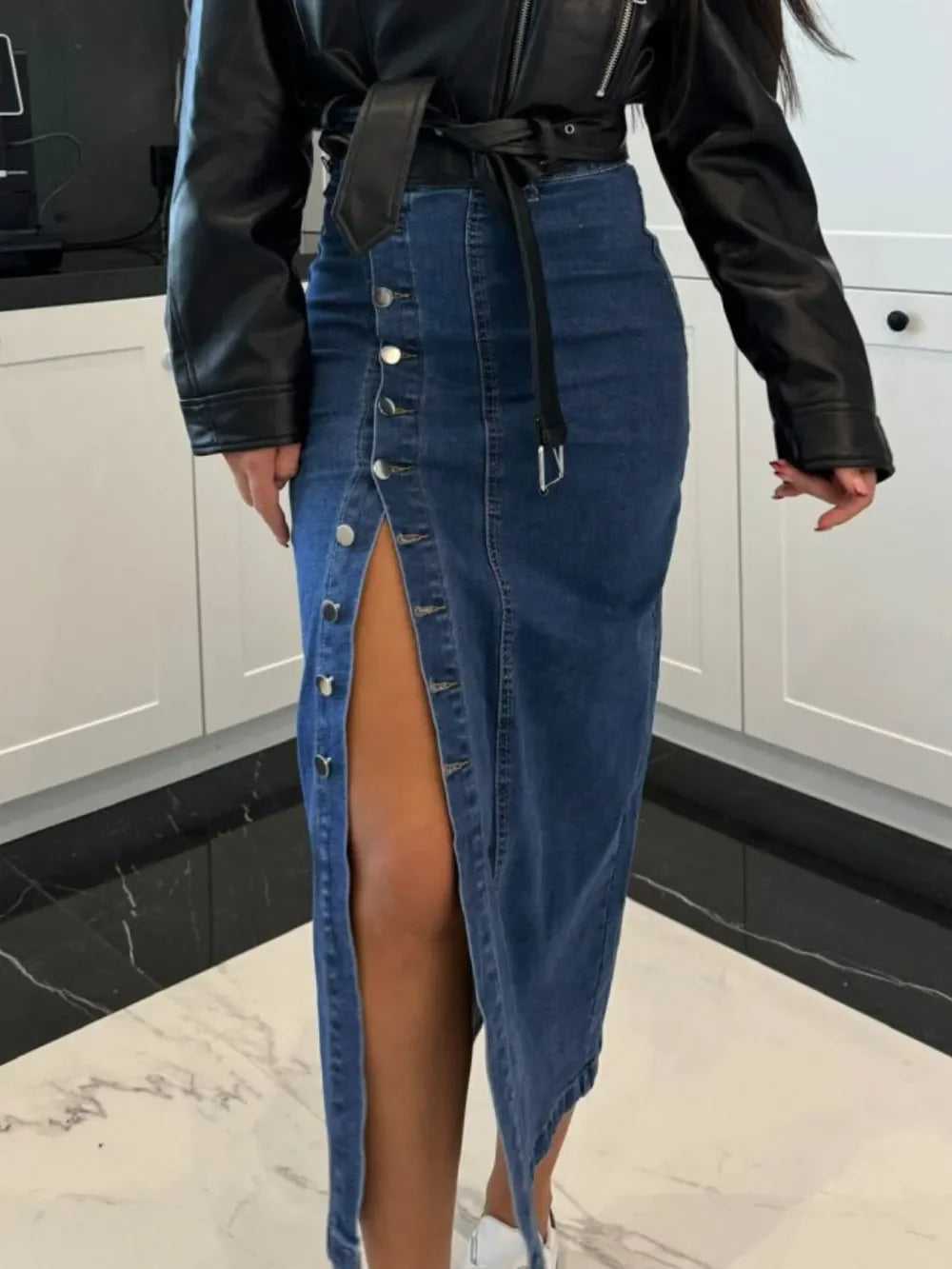 Midi Denim Skirt With Front Button Slit Style - Southern Shores Clothing