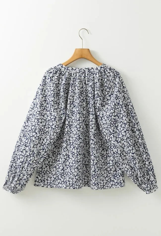 Elegant Floral Print Notched Long Sleeve Cotton Blouse - Southern Shores Clothing